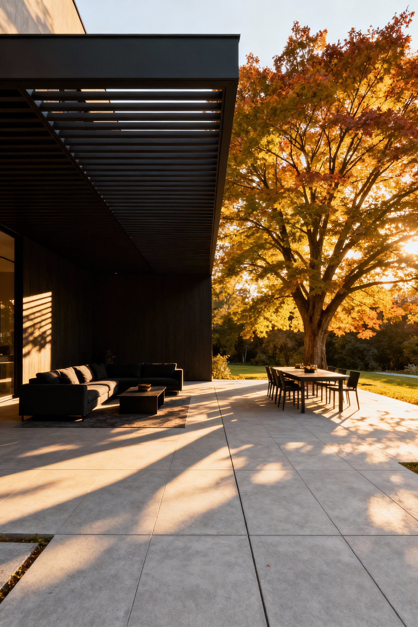 A modern multi-zoned patio featuring distinct microclimates, including a deeply shaded area protected by an adjustable louvered roof and a sunny dining space under a mature deciduous tree.