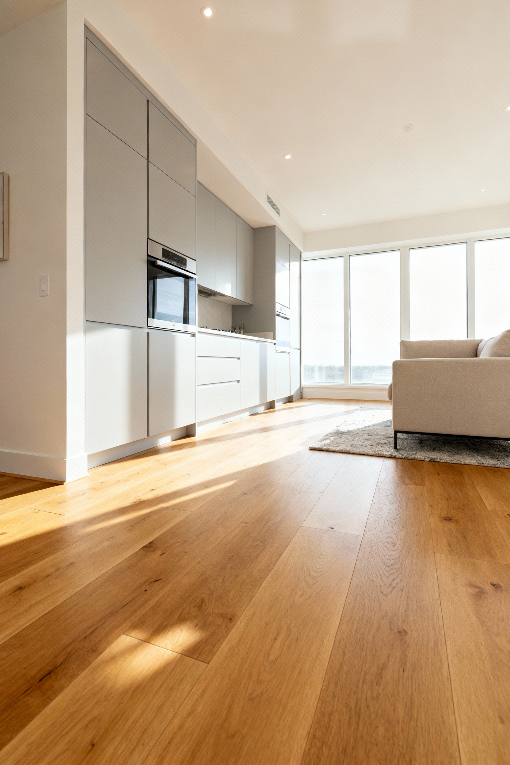 An open-plan small kitchen and living room featuring uninterrupted light wood-look flooring that runs continuously between both spaces, making the compact area appear larger and cohesive.