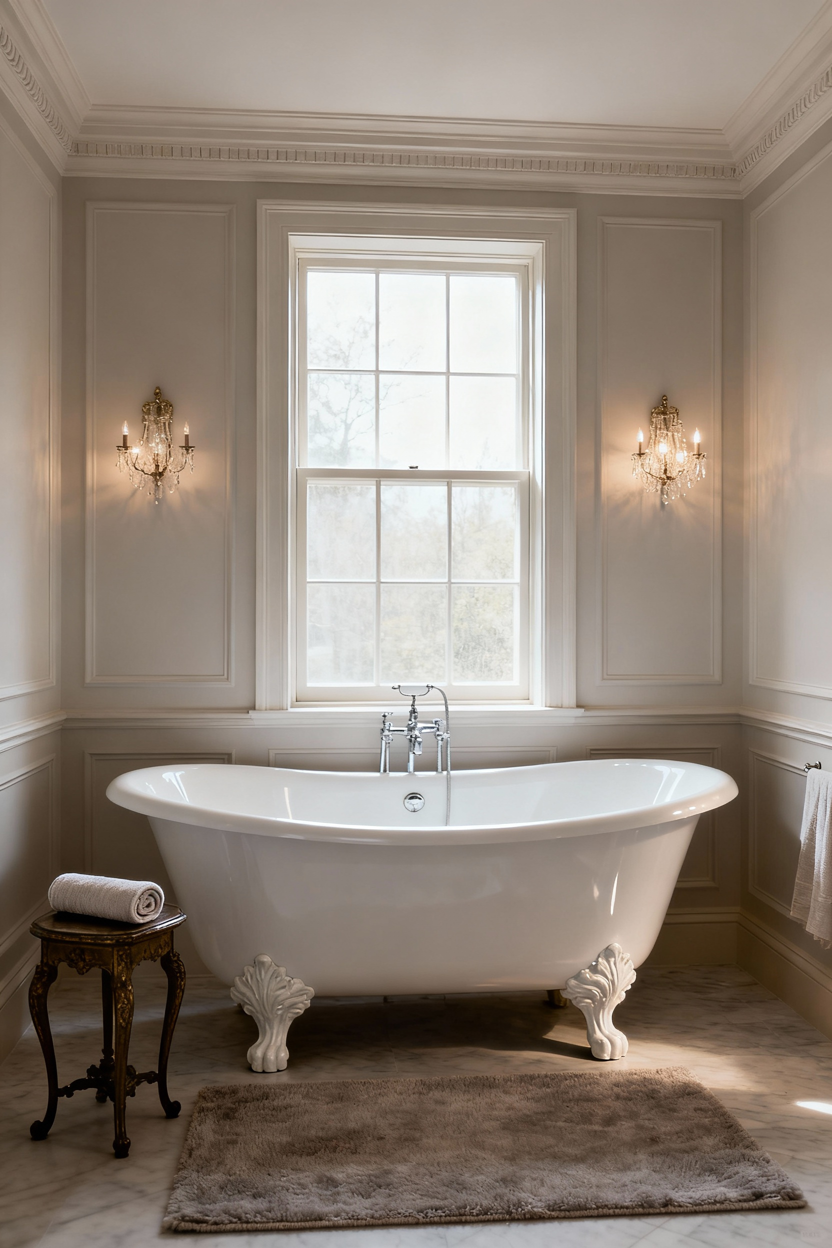 A beautifully designed classic bathroom with a white porcelain freestanding clawfoot bathtub centrally placed, bathed in natural light, surrounded by period-appropriate decor, creating a serene and luxurious focal point.