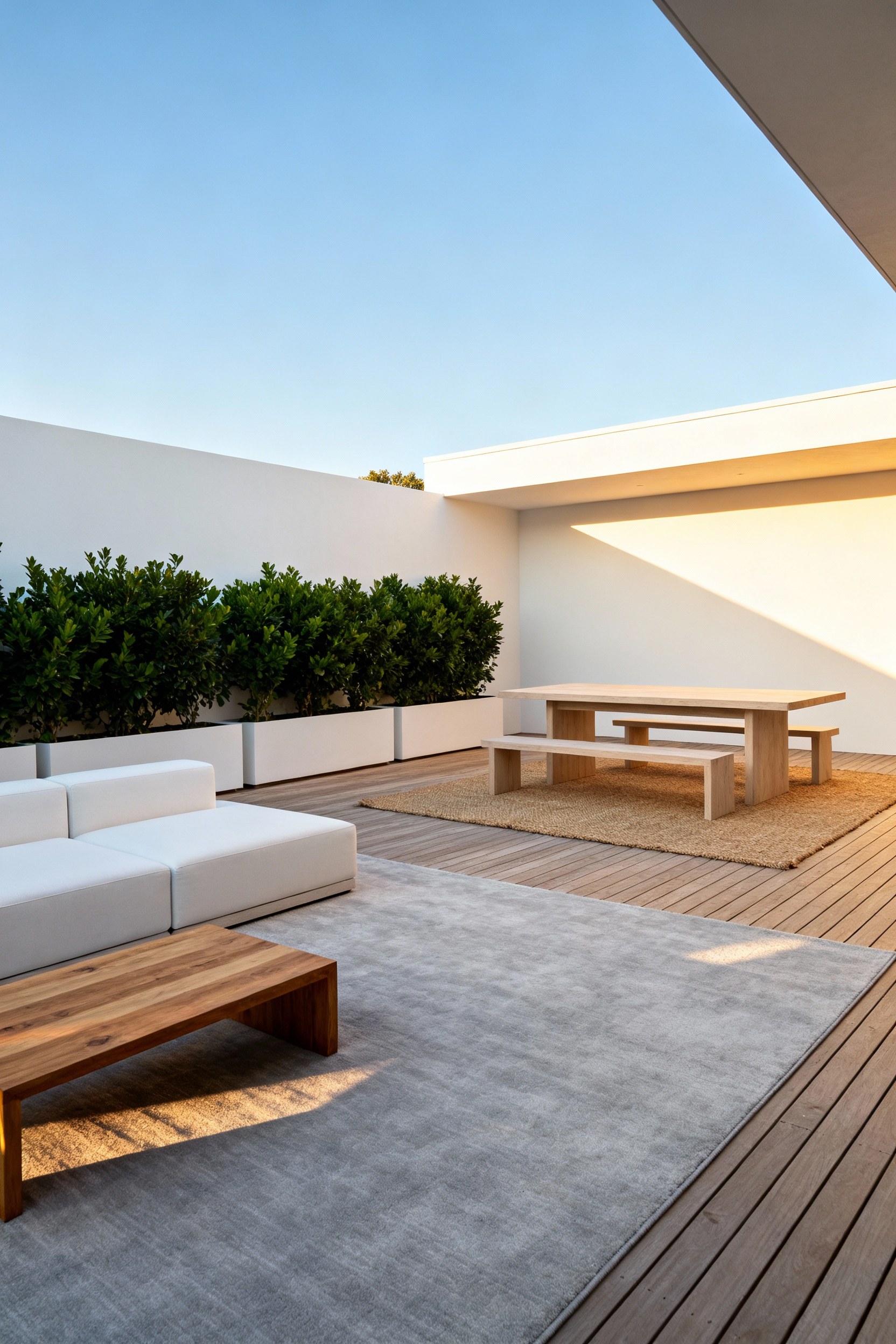 Minimalist Scandinavian patio design showing functional zoning achieved solely through large, neutral-toned outdoor rugs and low-profile modular furniture, dividing the space into distinct lounging and dining areas.