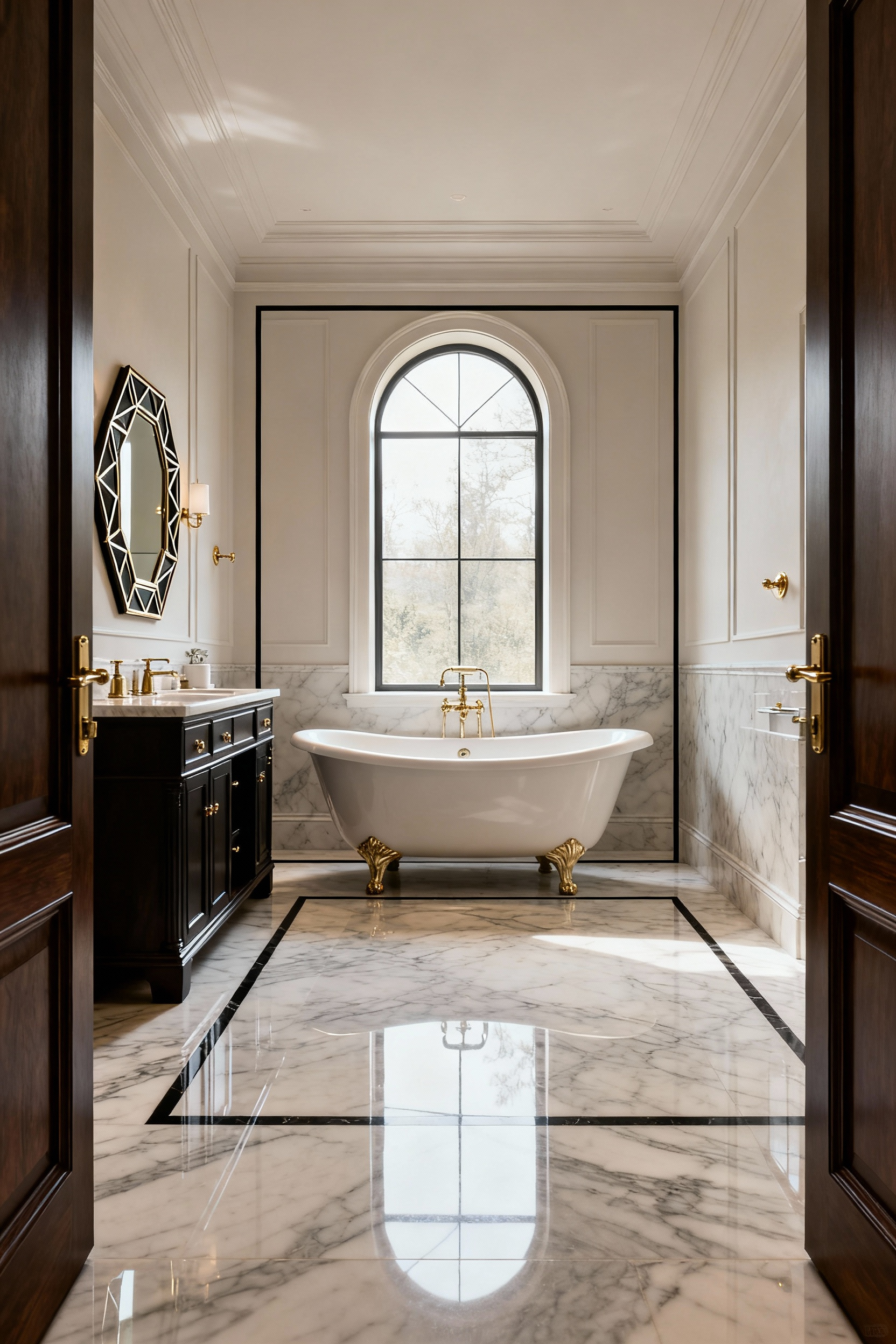 A luxurious bathroom interior showcasing classical Golden Ratio proportions in its layout, with a freestanding tub and vanity precisely placed, evoking visual harmony and timeless design.
