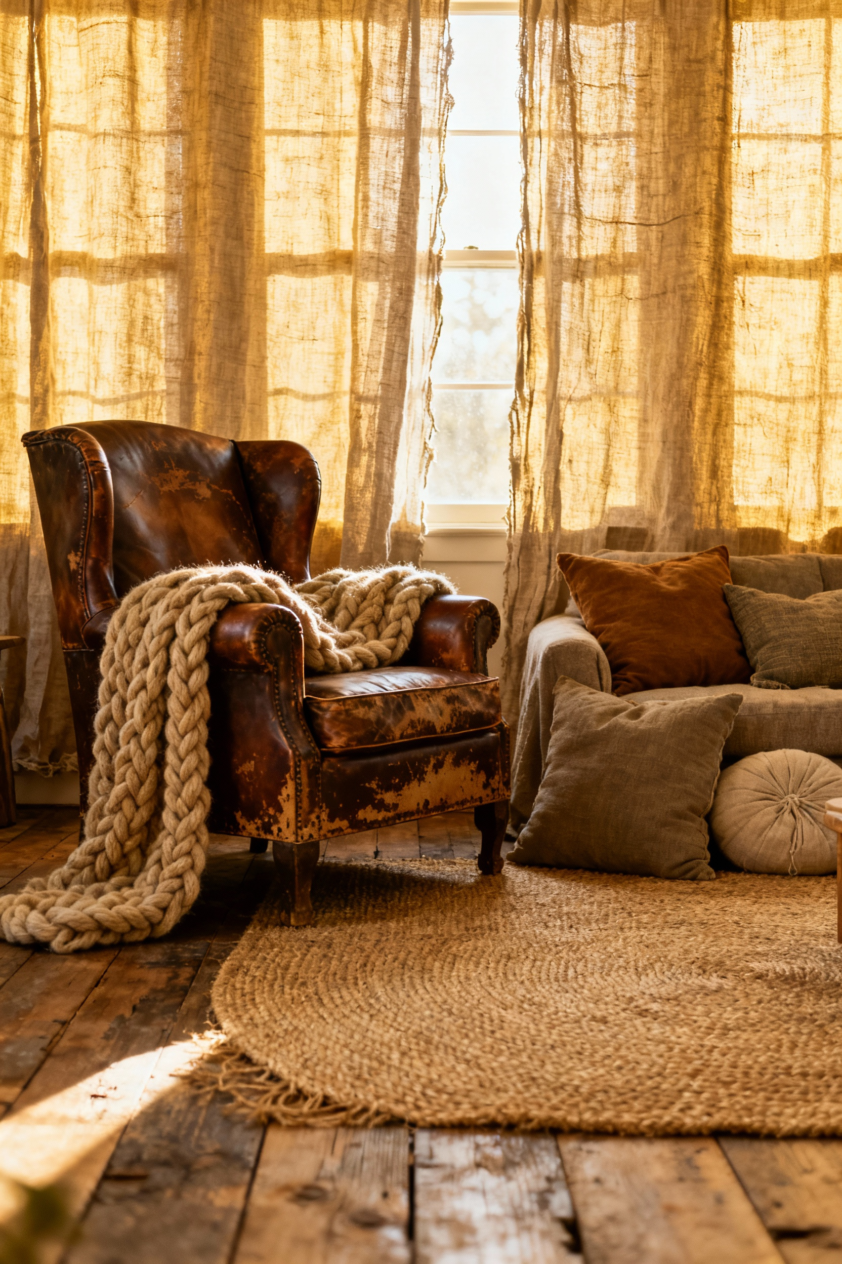 A rustic living room adorned with hand-loomed textiles, including a chunky wool throw, raw linen curtains, and a jute rug, showcasing natural fibers and inviting warmth.