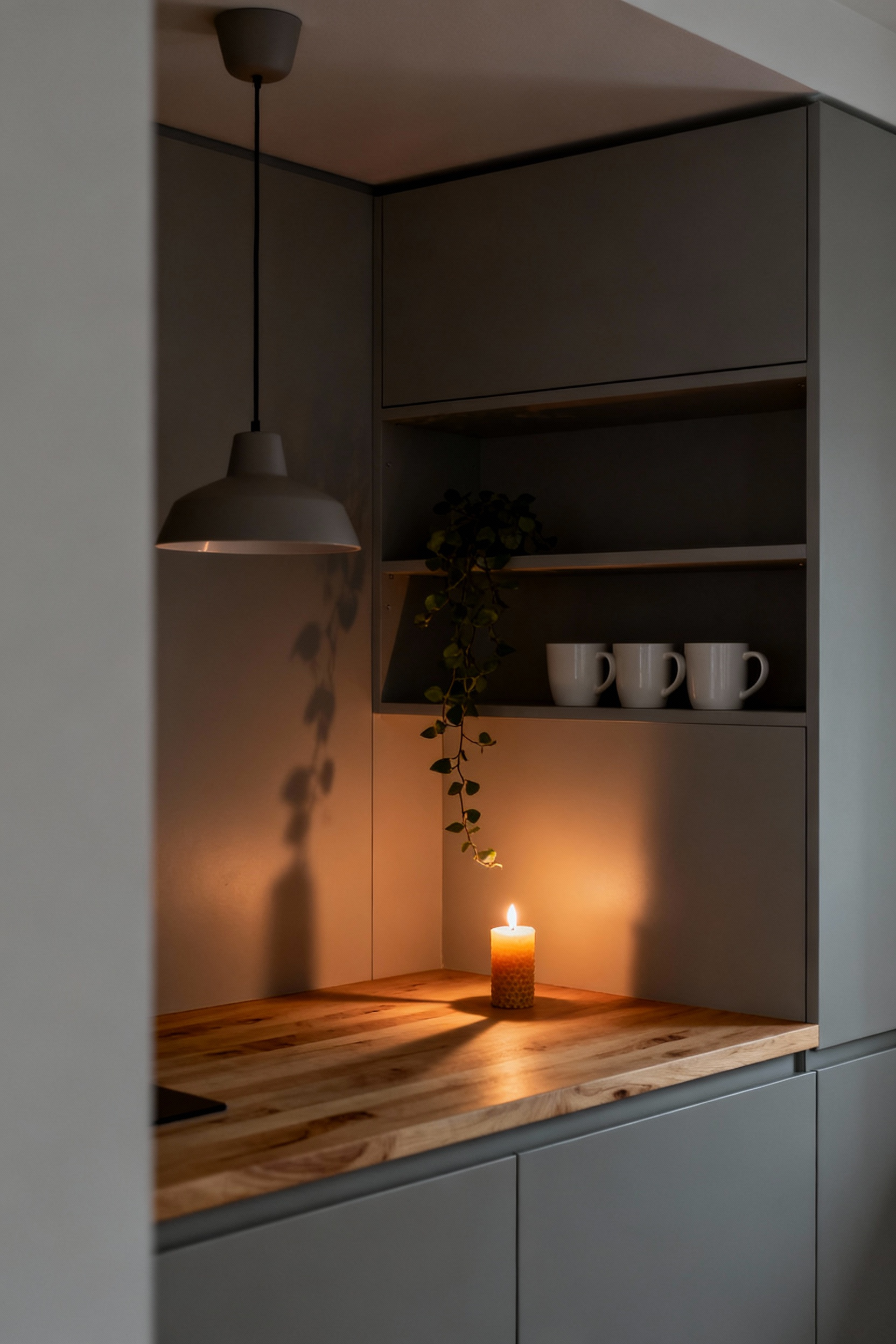 A small, warm grey Nordic kitchen counter with soft, intimate lighting from a pendant lamp and a lit candle, designed for Hygge living.