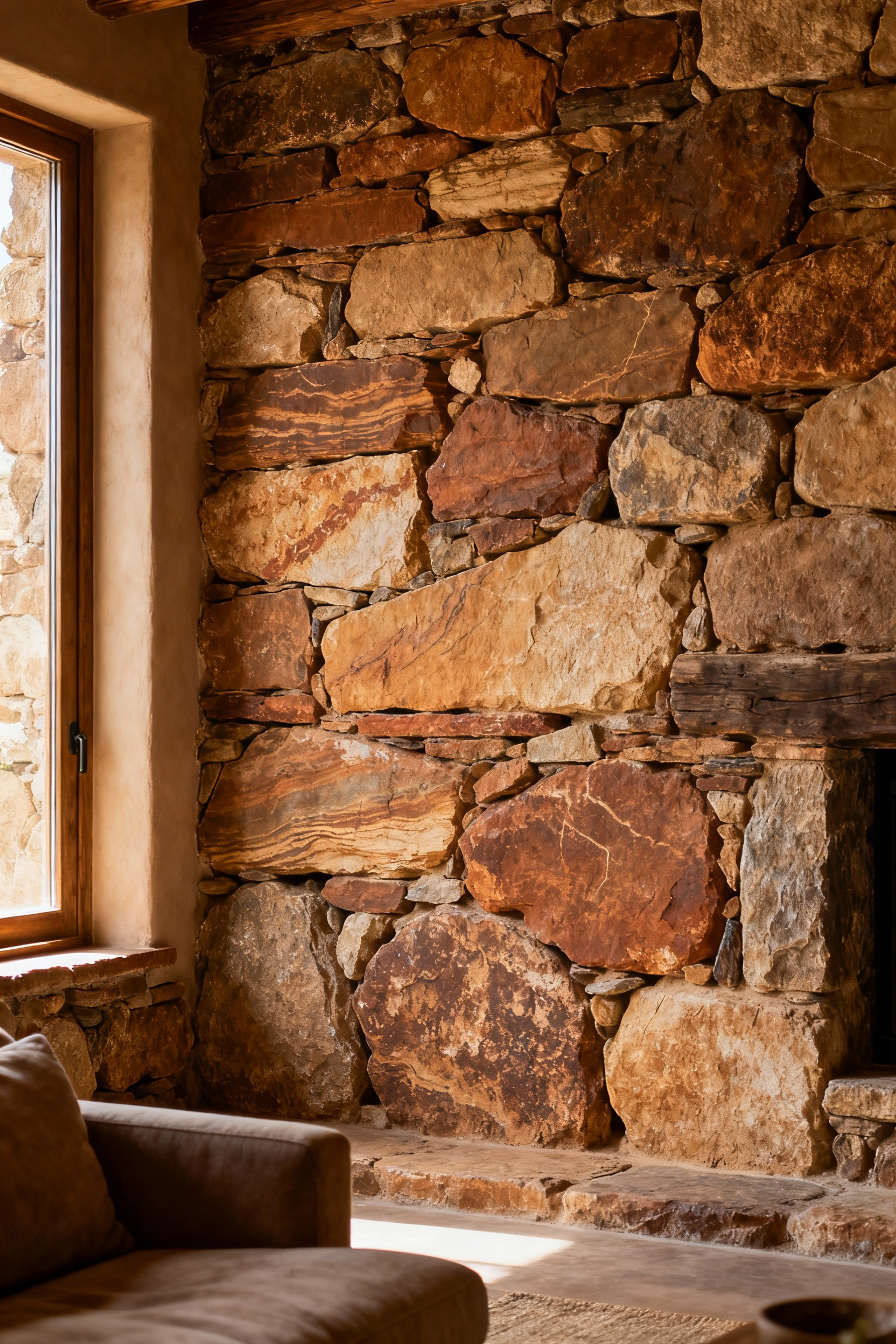 Rustic living room wall built from indigenous stone, showcasing geological resonance, natural textures, and earthy tones under soft light.