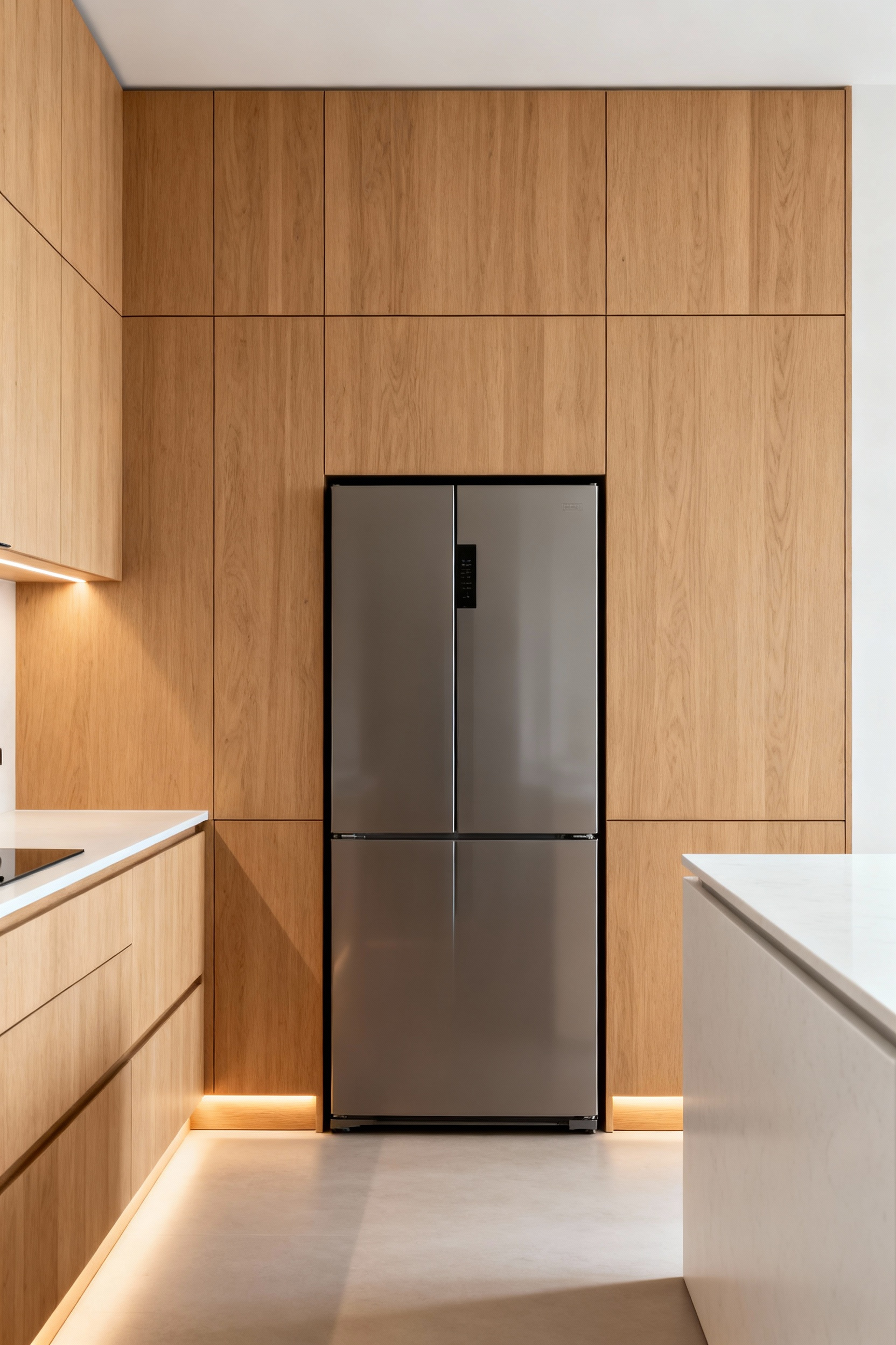 A seamless small kitchen design featuring a refrigerator fully integrated behind warm oak cabinet panels, creating an unbroken visual line and smooth monolithic wall surface.