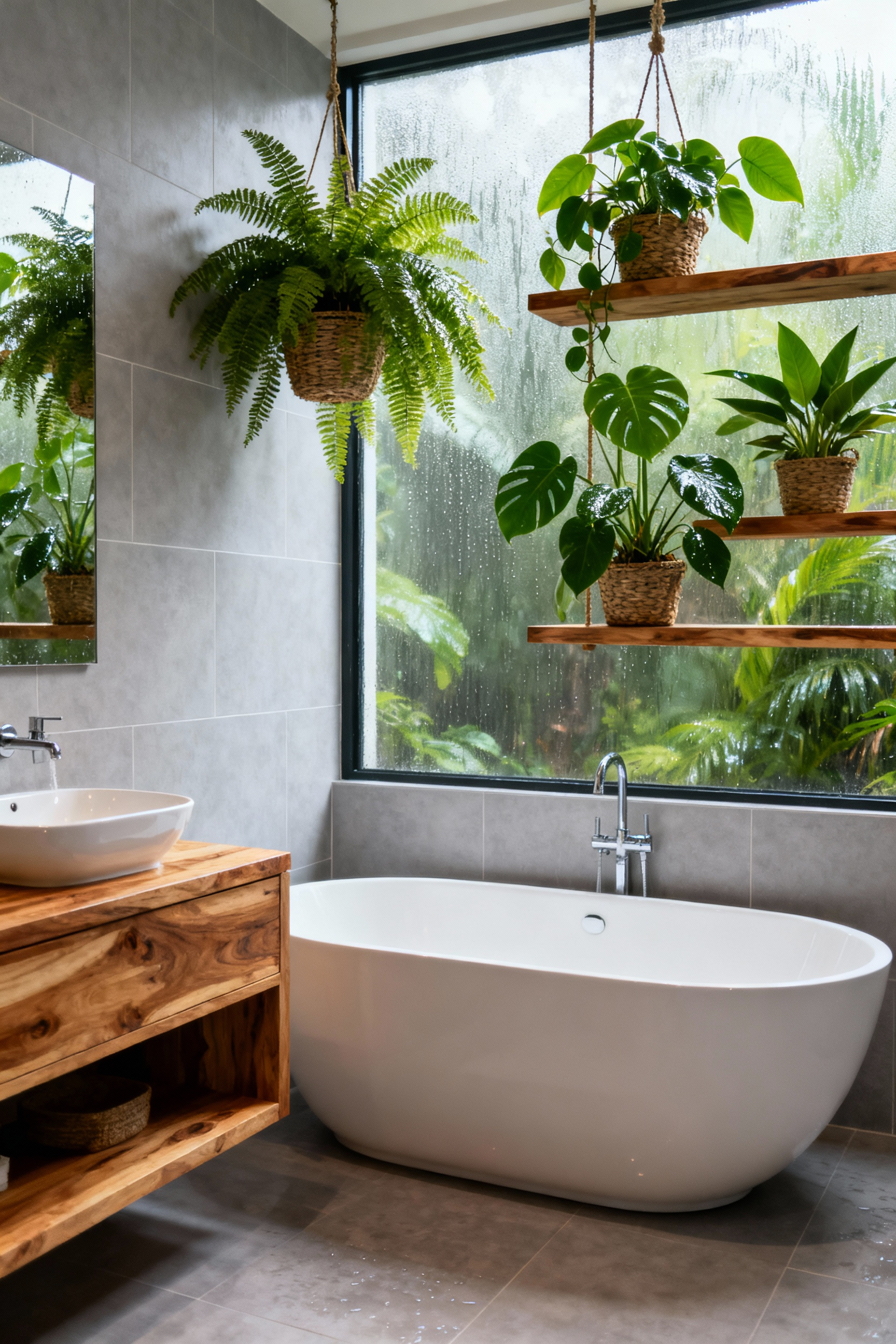 A modern, renovated bathroom featuring a freestanding tub and abundant integrated greenery, including large Boston Ferns, transforming the space into a lush, spa-like sanctuary.