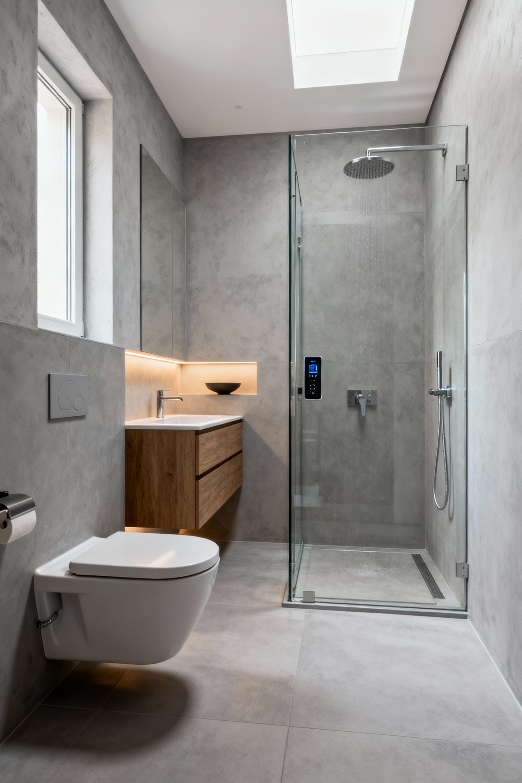 A minimalist luxury bathroom featuring a wall-hung toilet, floating vanity, and digital shower controls, demonstrating invisible technology and maximizing floor space for modern remodeling projects.