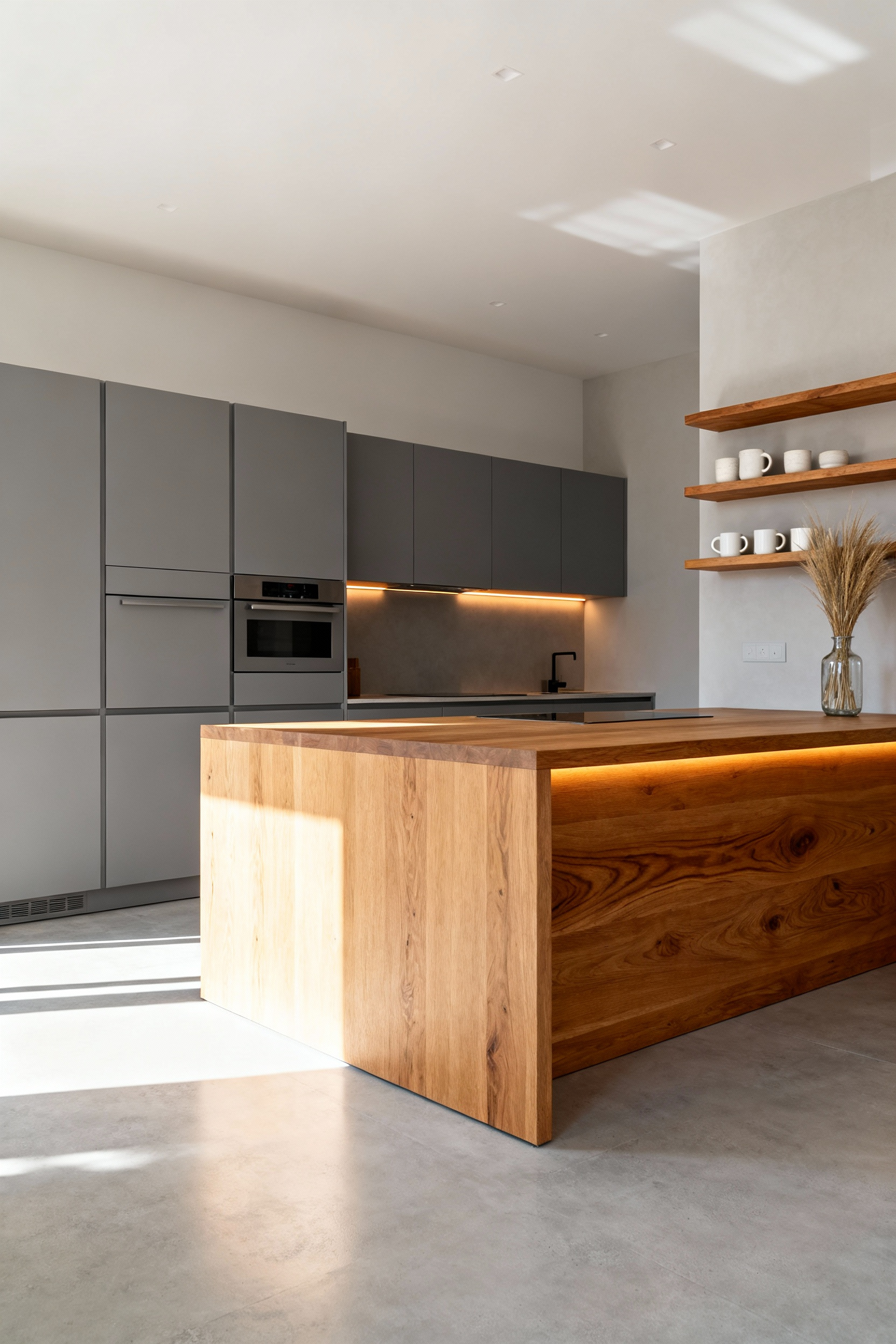 Minimalist Scandinavian kitchen design showcasing a balance of sleek, handleless gray cabinets (functional minimalism) and warm, textured natural oak wood accents (hygge), complete with integrated appliances.