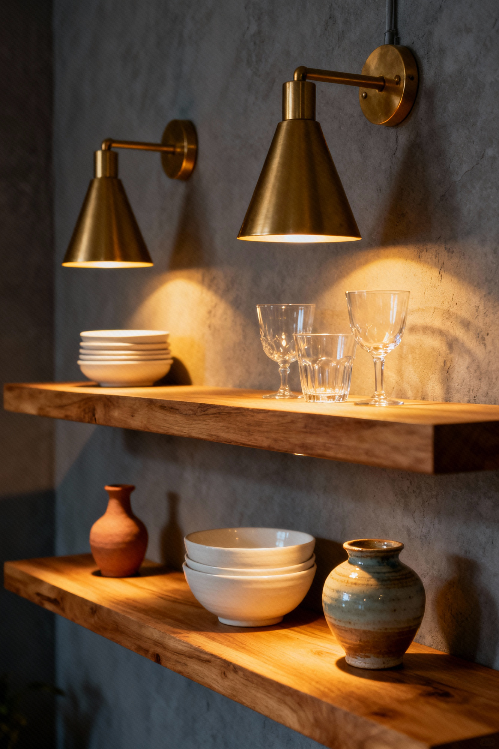 Downward-facing brass open shelf sconces casting a warm, focused glow over stacked creamy ceramic bowls and clear glassware on floating oak shelving in a minimalist kitchen.