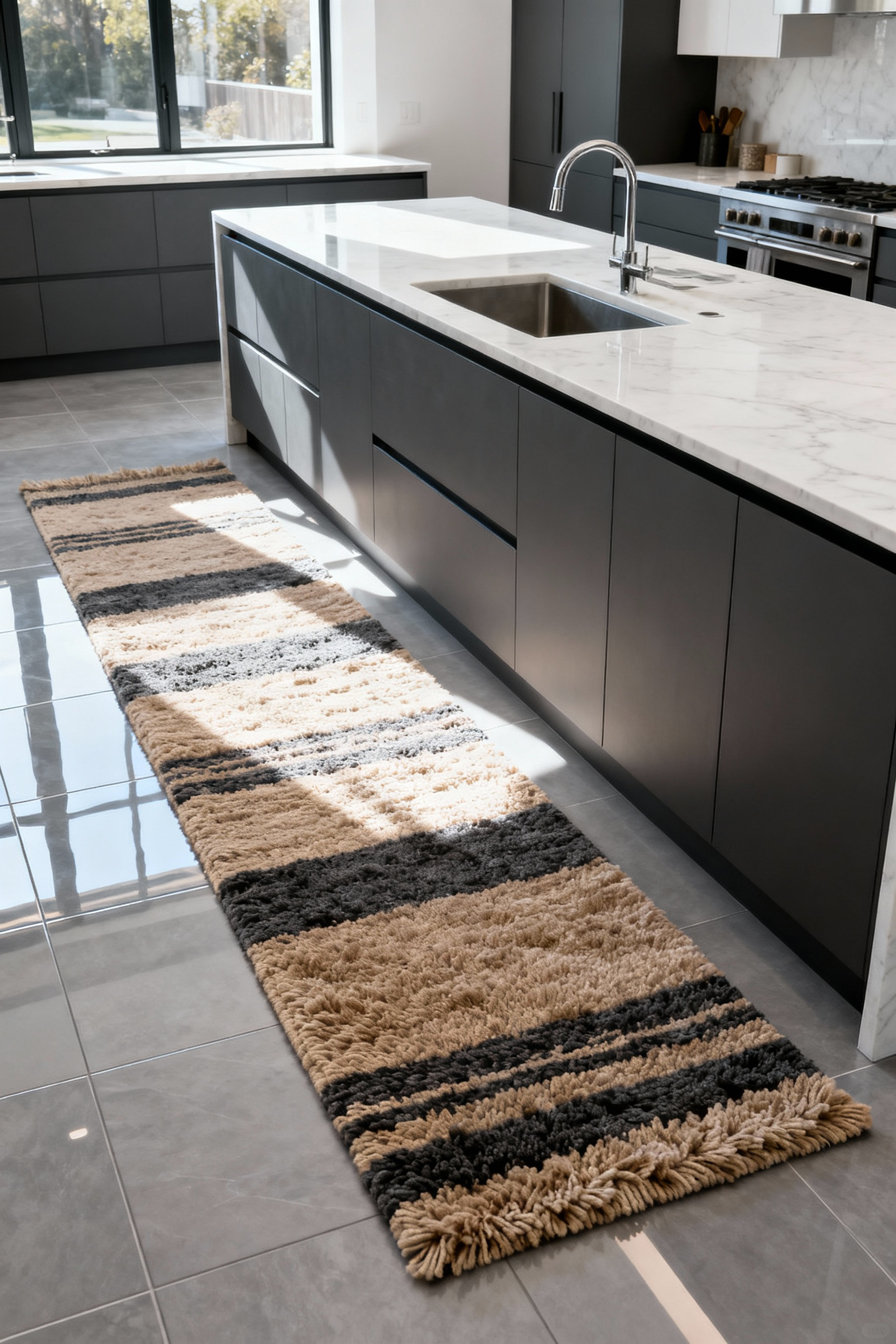 A durable, washable, textured runner on a polished tile floor in a modern kitchen, used to soften acoustics and absorb noise from hard surfaces.