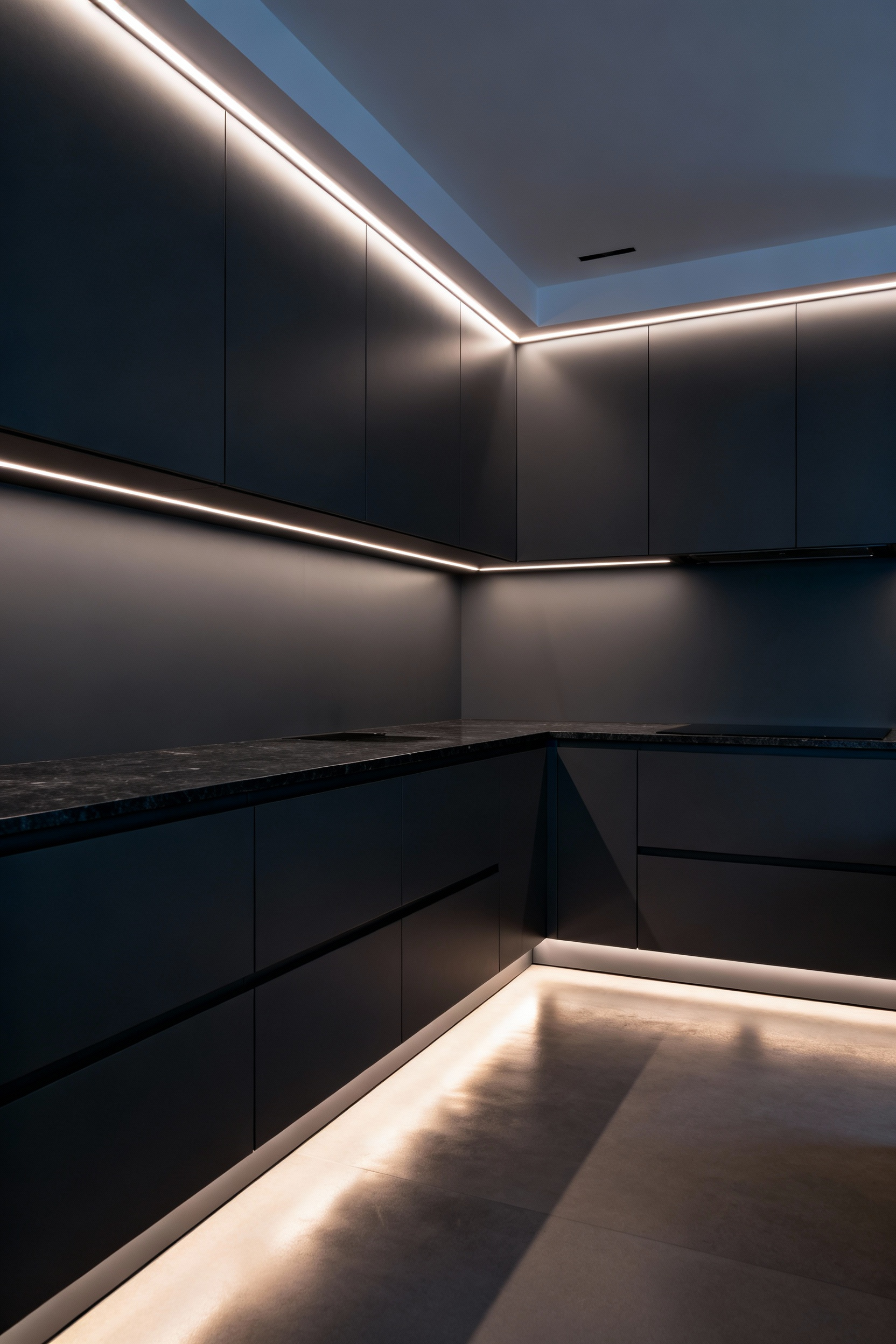 Scandinavian kitchen featuring matte charcoal cabinetry sharply contrasted by warm architectural cove lighting hidden within the soffits, softening the modern design.