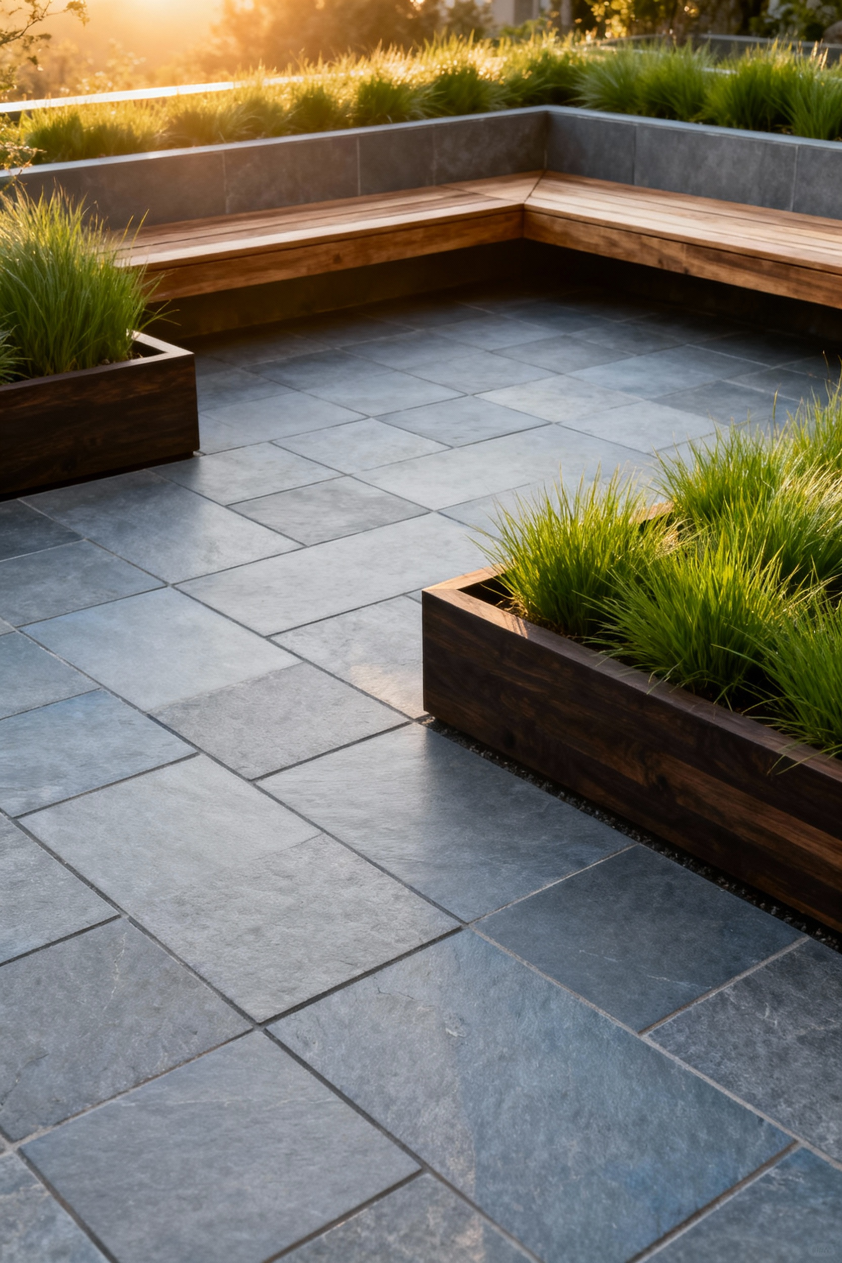 Large-format honed gray bluestone patio foundation laid in a tight grid pattern providing a solid architectural anchor next to wooden patio furniture and complementary greenery.