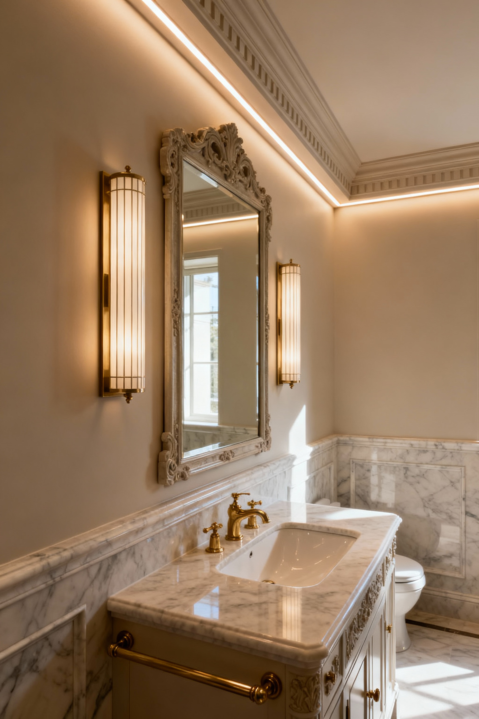 Luxurious classic bathroom interior showcasing sophisticated layered lighting with ambient, task, and accent light sources defining architectural features and creating a serene atmosphere.