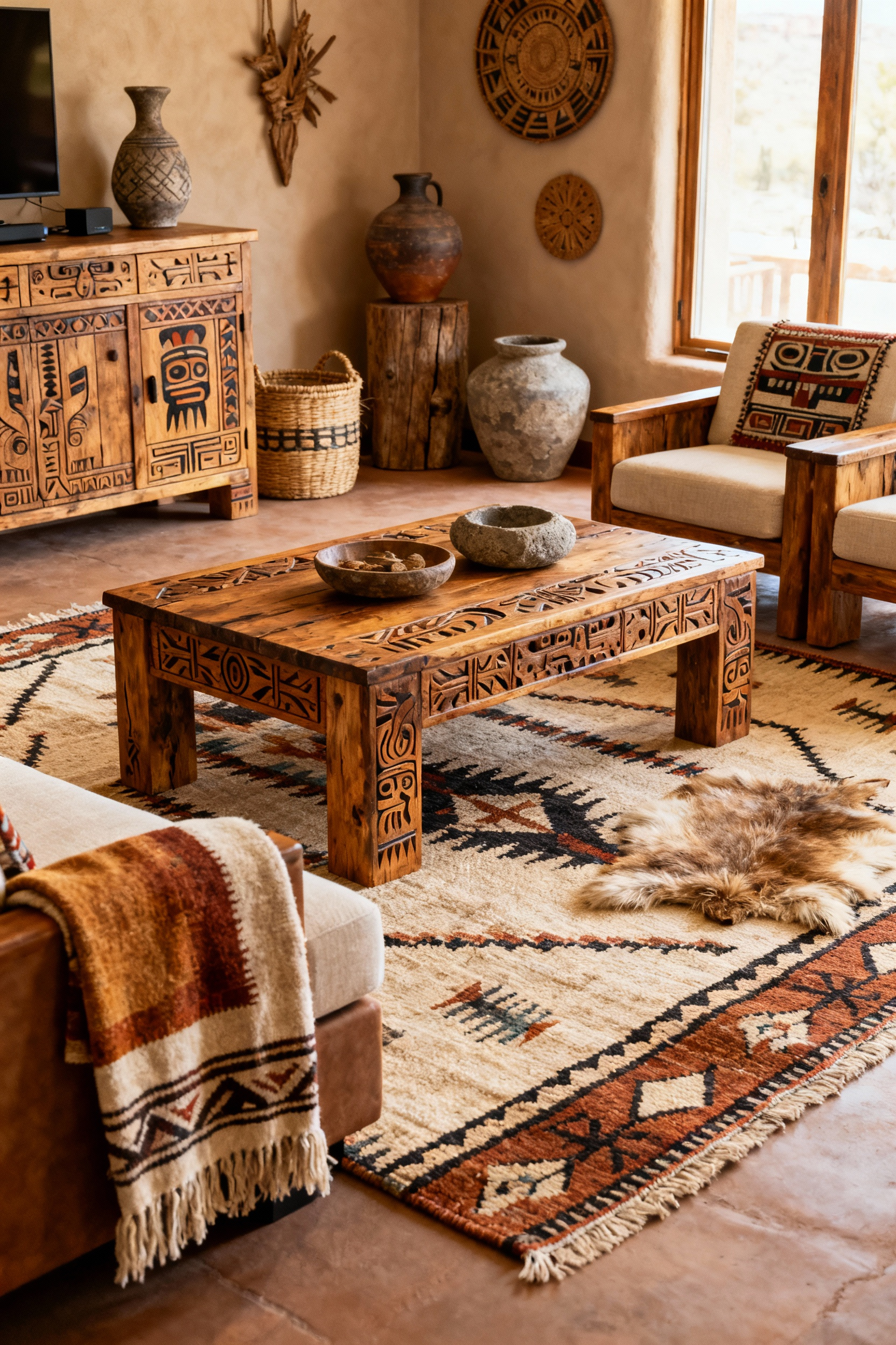 Rustic living room interior featuring handcrafted furniture, hand-woven textiles, and local pottery with indigenous design motifs, creating a sense of 'terroir'.