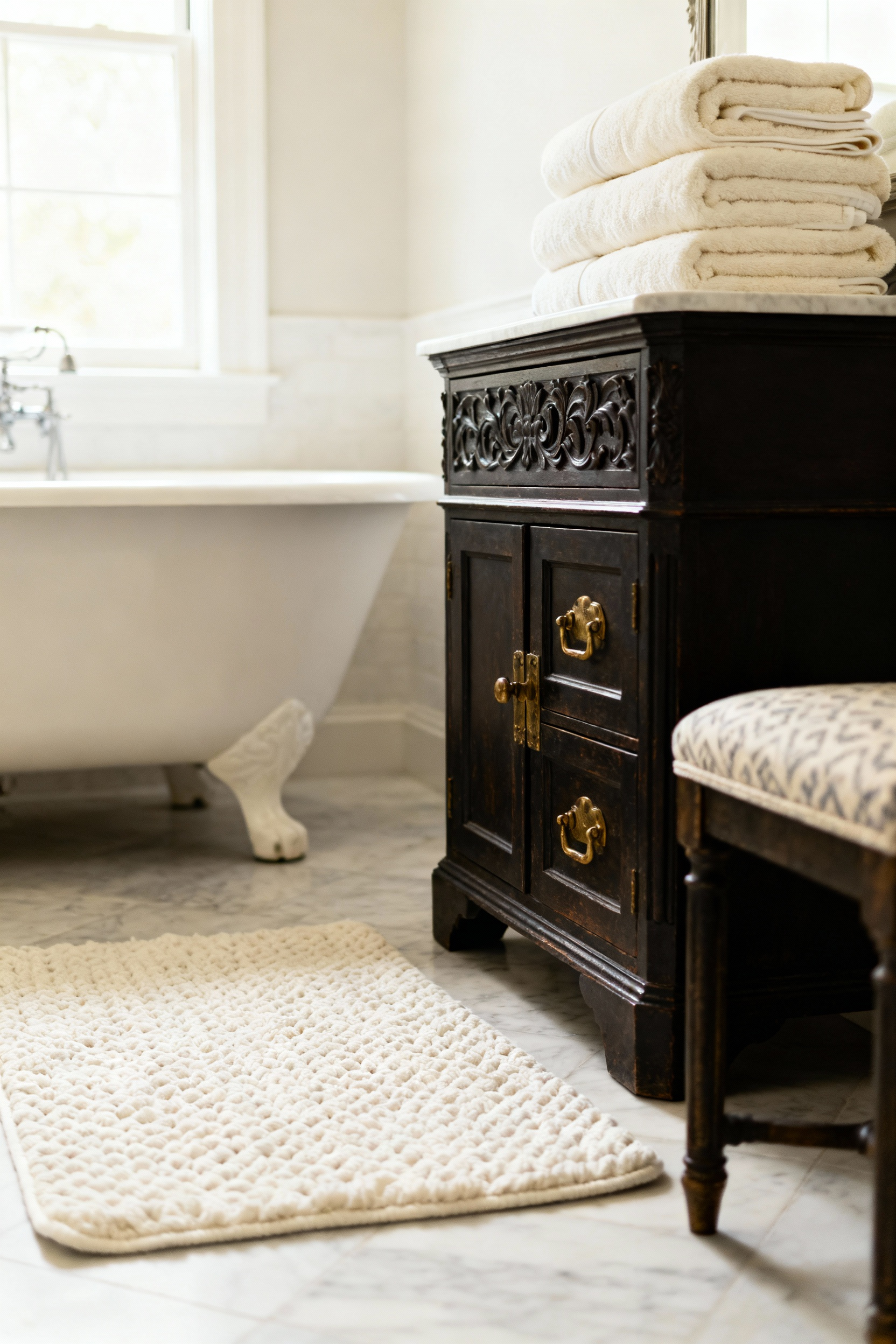 A serene classic bathroom featuring luxurious, cream-colored Egyptian cotton towels on a carved wood vanity, a textured bathmat on a honed marble floor, aged brass fixtures, and a linen Roman blind, emphasizing rich textures and sophisticated comfort.