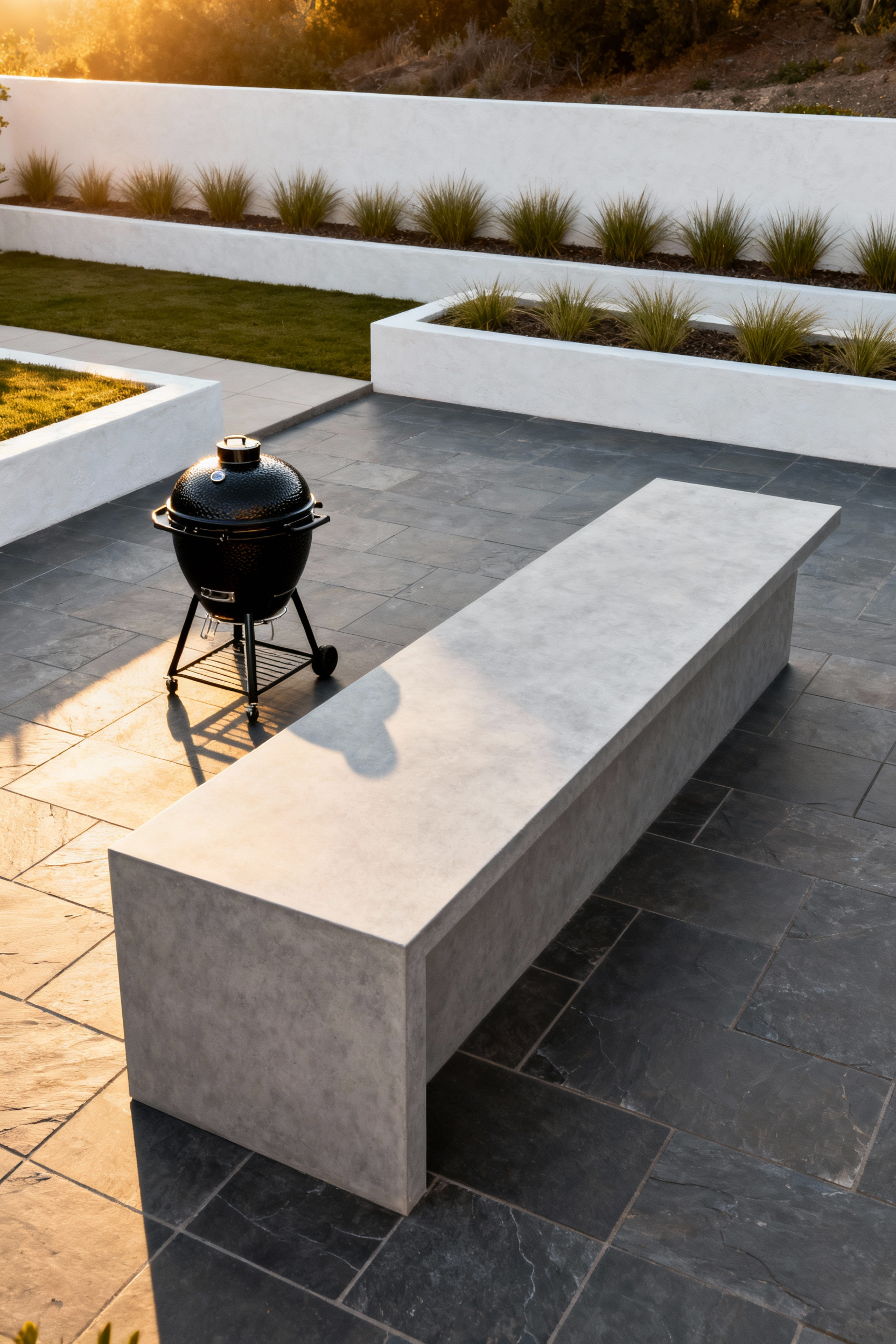 A streamlined, minimalist outdoor kitchen on a modern patio featuring a light gray concrete counter and a matte black integrated Kamado grill, captured during golden hour.