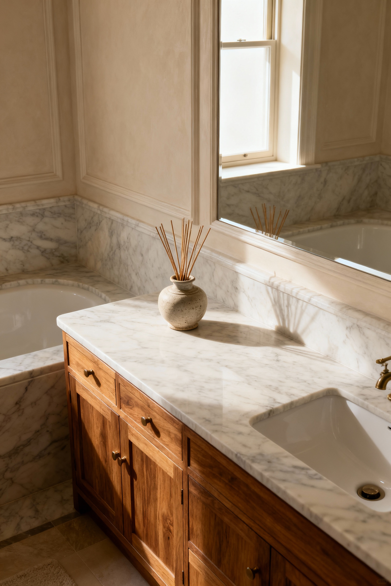 Luxurious classic bathroom with a subtle ceramic diffuser on a marble counter, evoking natural essences and sensory enhancement. Soft, diffused lighting highlights elegant fixtures.