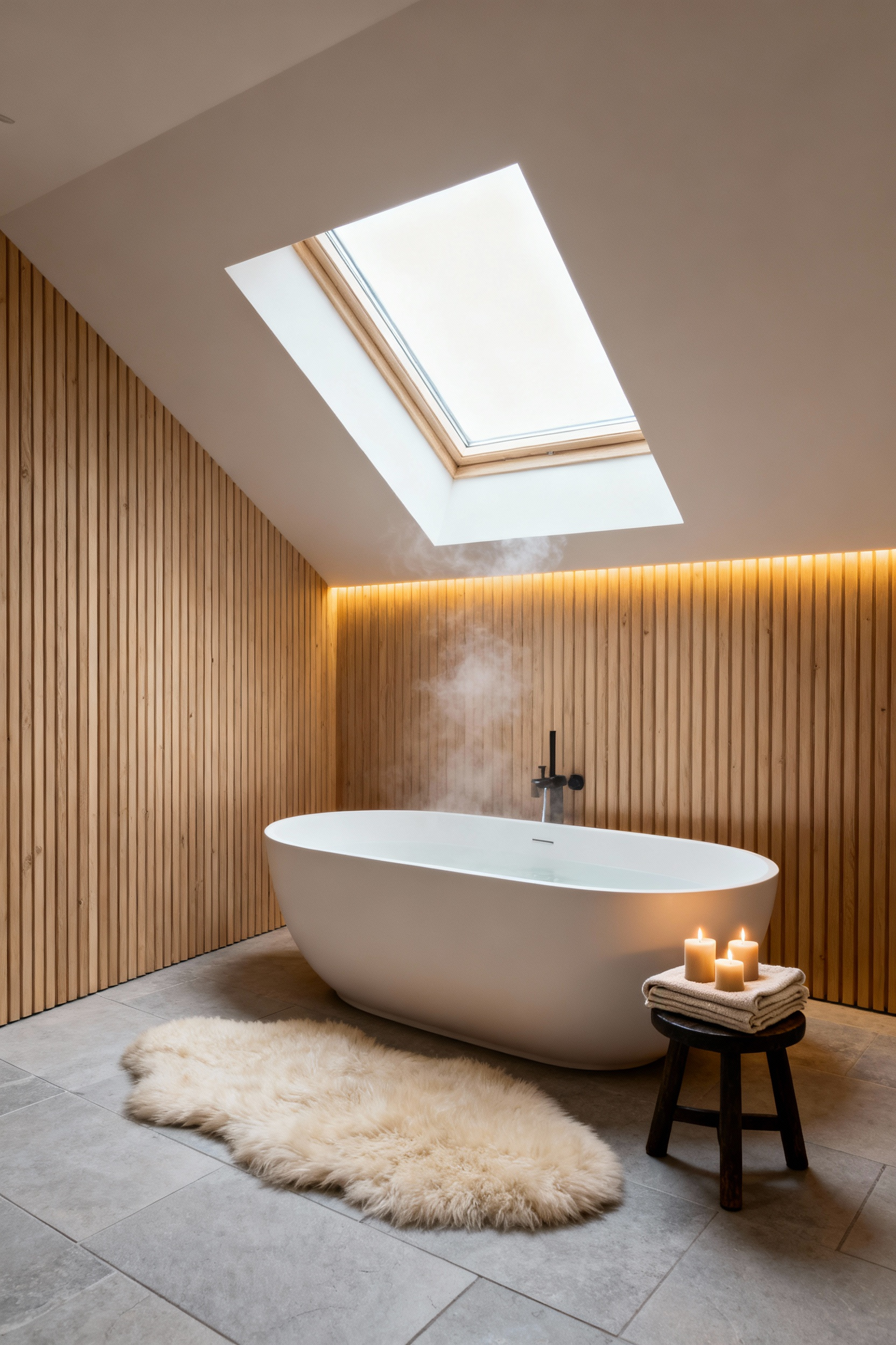 A minimalist Nordic spa bathroom featuring light wood paneling, a freestanding white soaking tub, and warm integrated lighting designed to evoke a Hygge 'cocoon' against the cold.