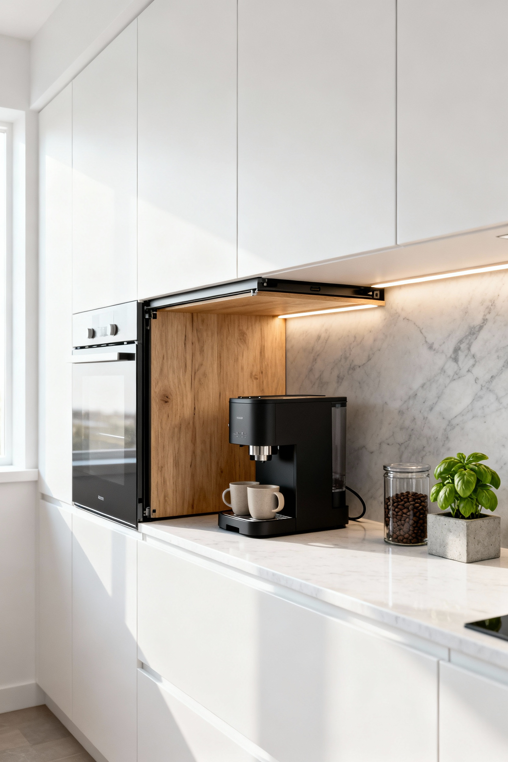 A minimalist Nordic kitchen featuring an open appliance garage finished in light oak wood, used as a dedicated, clutter-free coffee breakfast station with an internally powered espresso machine and streamlined storage.