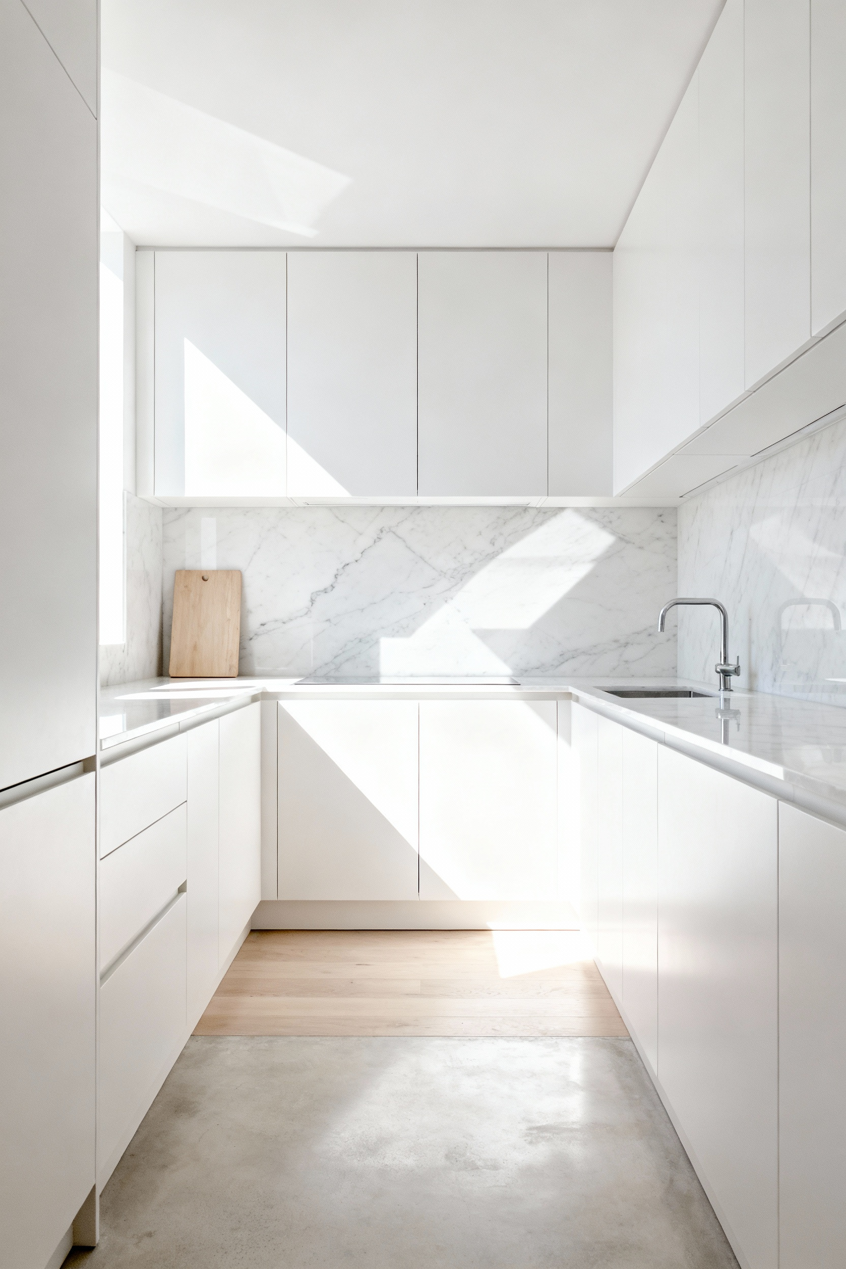 A brilliant white, compact Scandinavian kitchen utilizing highly reflective surfaces and the Albedo Effect to maximize light and create an illusion of spaciousness.