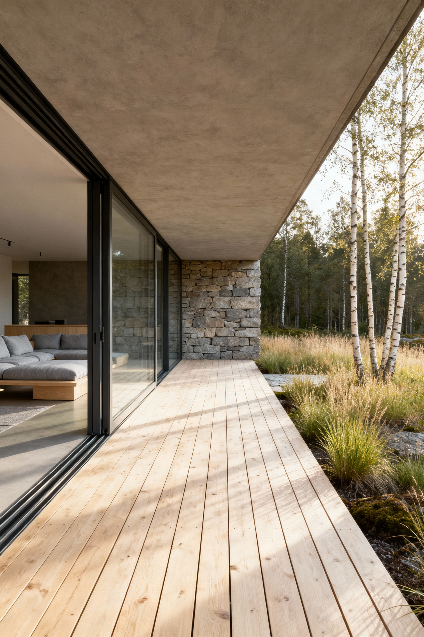 A modern patio designed with Scandinavian Friluftsliv principles, showing pale wood decking, minimalist outdoor seating, and retracted glass doors creating a seamless flow from the indoor living space to nature.