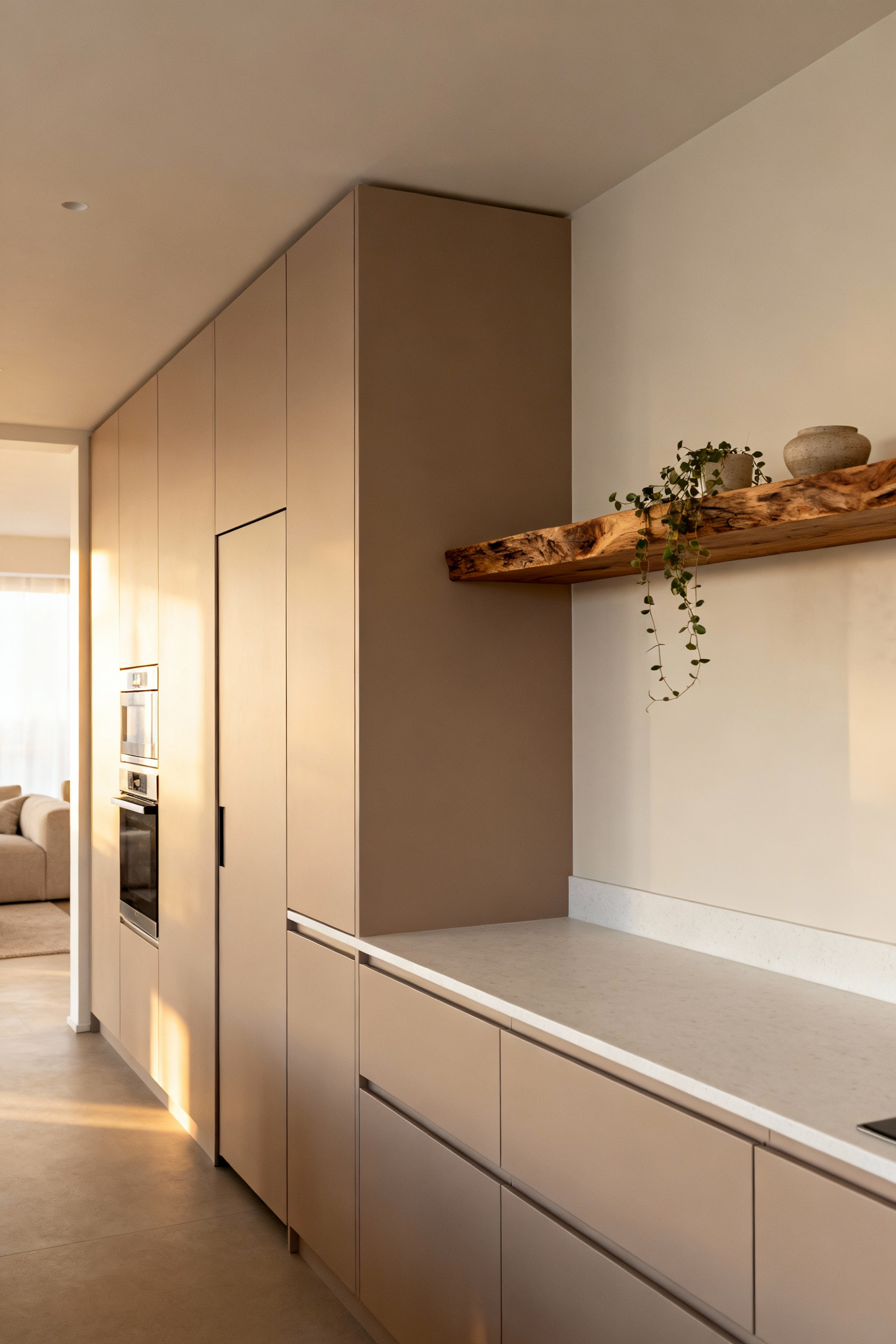 A wide view of a minimalist Nordic kitchen featuring integrated, handleless pale taupe cabinetry, thick raw live-edge wood shelving displaying plants, and a seamless opening into an adjacent living area.