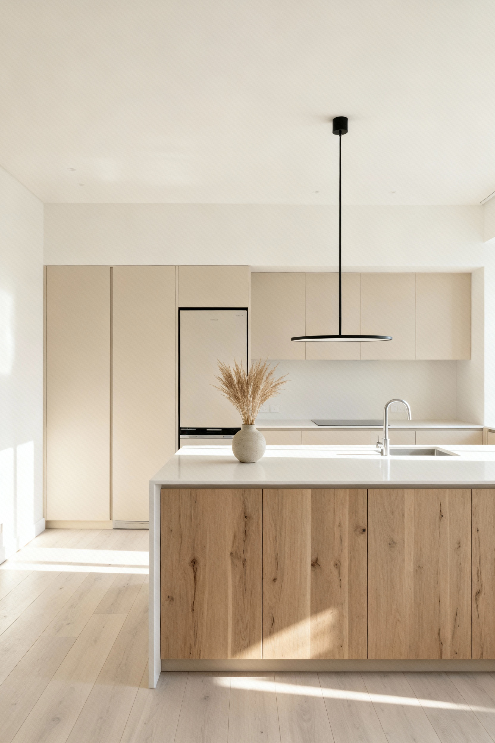 A bright Nordic kitchen featuring soft creamy white walls, flat-panel light beige cabinetry, and light-wash white oak flooring, showcasing clean lines and functional minimalist design.