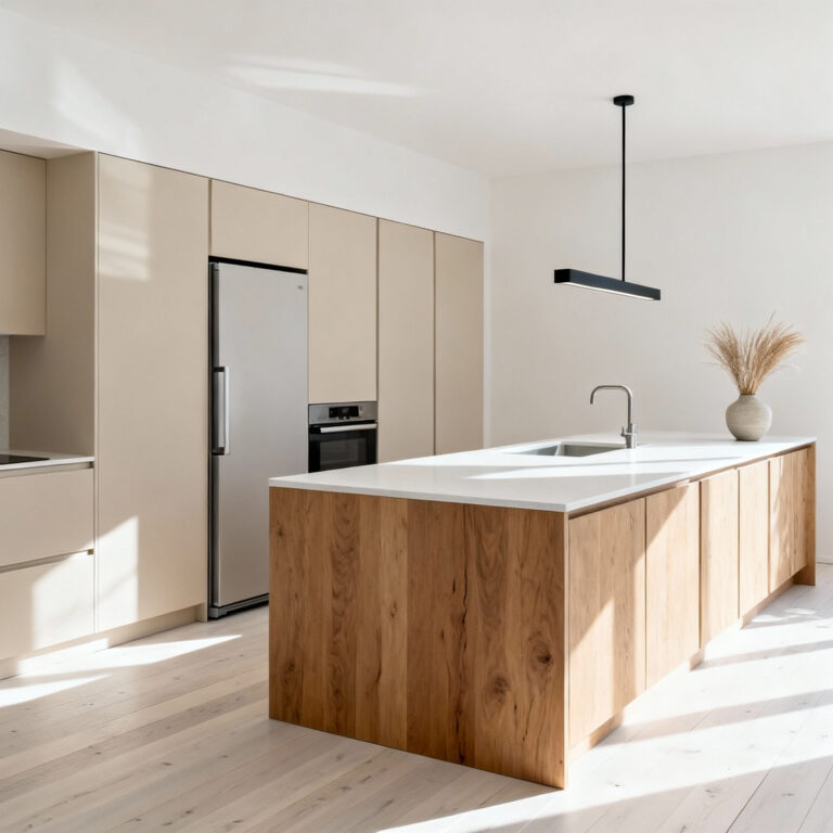 A bright Nordic kitchen featuring soft creamy white walls, flat-panel light beige cabinetry, and light-wash white oak flooring, showcasing clean lines and functional minimalist design.