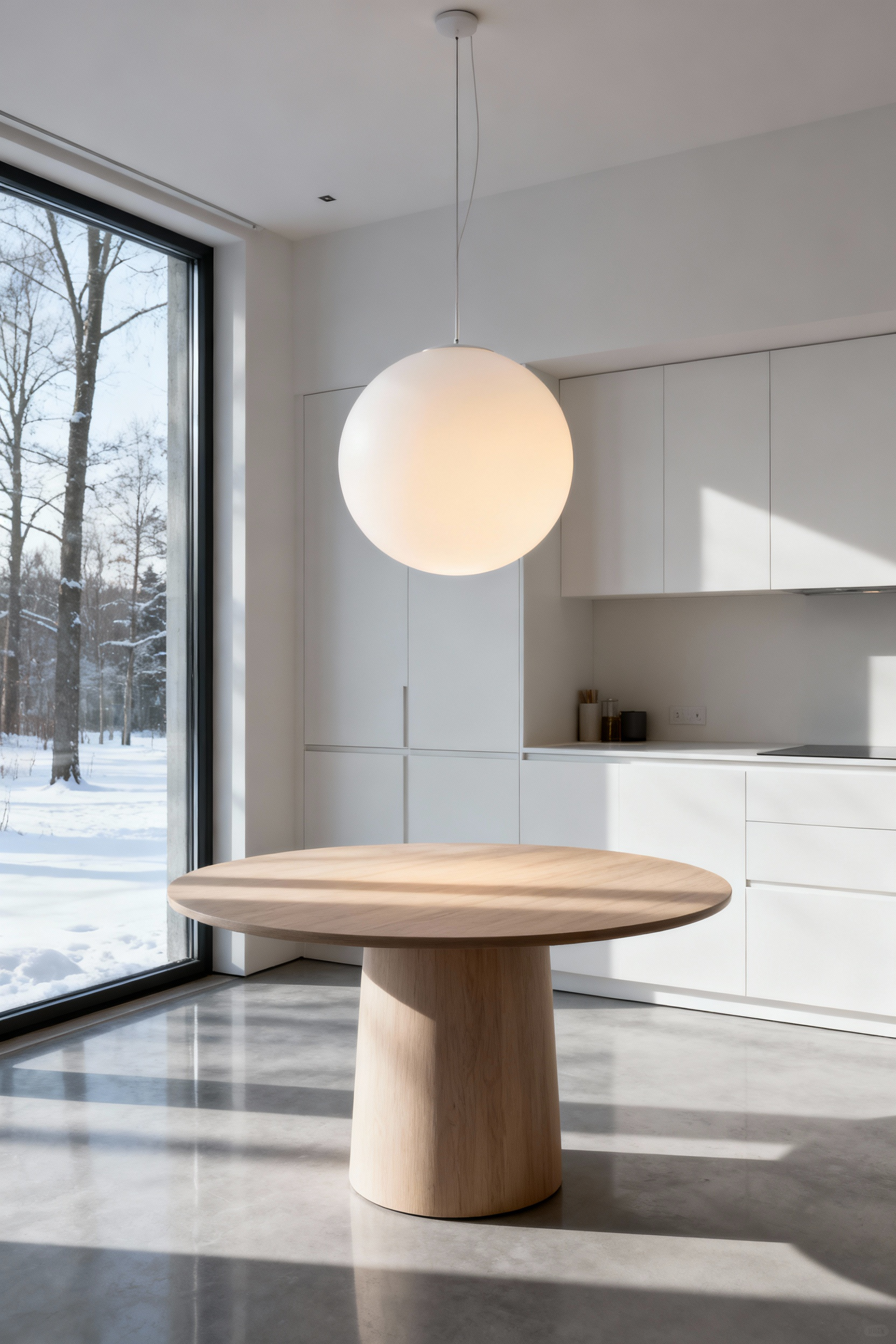A minimalist Nordic breakfast nook featuring an oversized sculptural white globe pendant light fixture hanging above a light wooden dining table. The scene is brightened by soft winter daylight, emphasizing the simple, bold architectural form of the fixture.