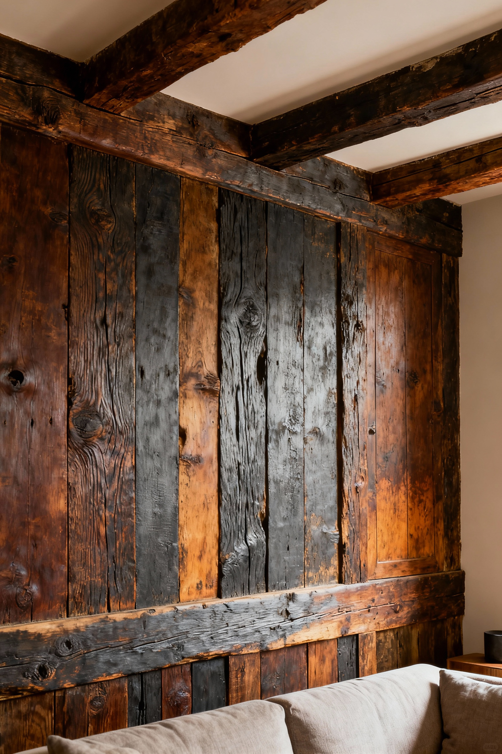 A detailed close-up architectural shot of naturally aged timber wall panels and beams in a rustic living room, displaying rich, nuanced patina, wood grain, and historical texture, preserved to highlight its inherent character under soft natural light.