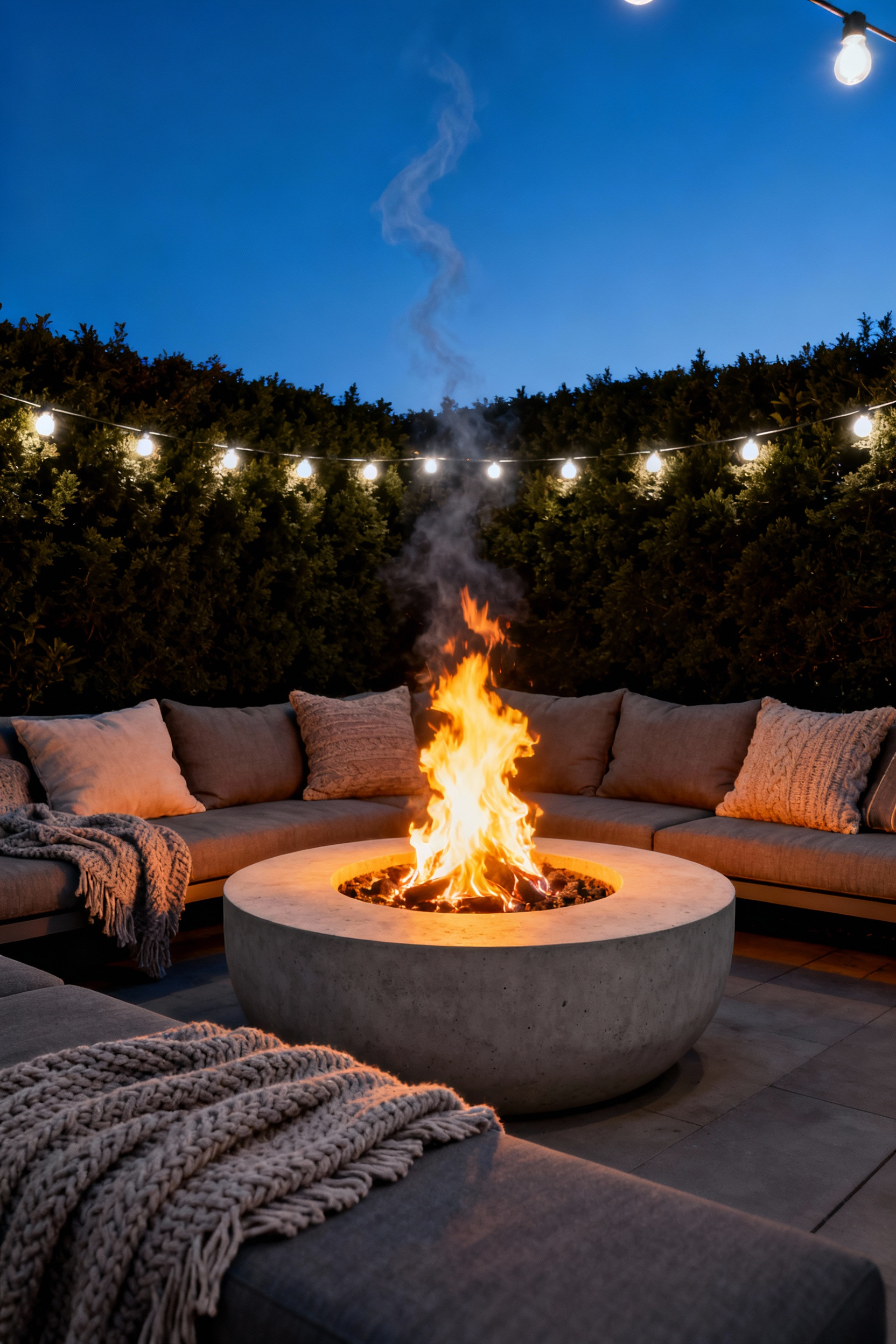 A centrally placed, lit concrete fire pit surrounded by comfortable wicker seating and warm throws on a large paver patio at twilight, illustrating a functional outdoor focal point for cooler months.