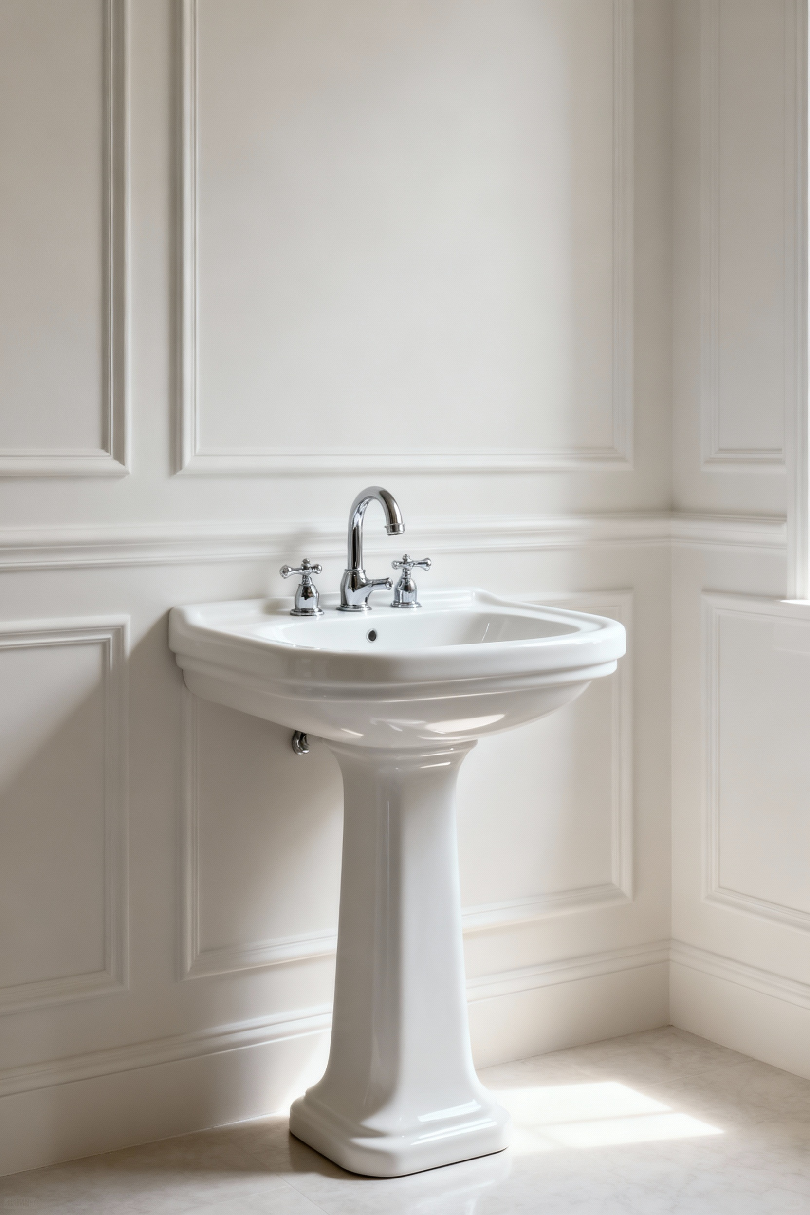 An elegant, classic white pedestal sink with polished chrome fixtures in a clean, minimalist bathroom, showcasing uncluttered design and natural light.