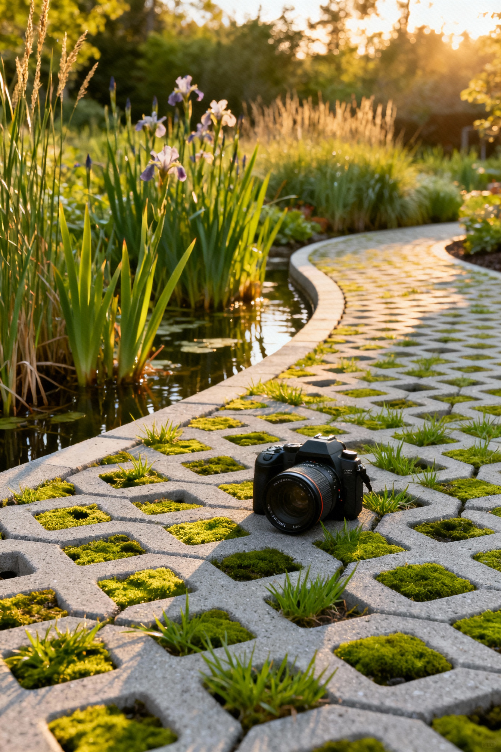 Permeable light gray concrete paver patio with natural moss and grass growing between the joints, bordered by a lush rain garden designed for effective eco-conscious water runoff management.