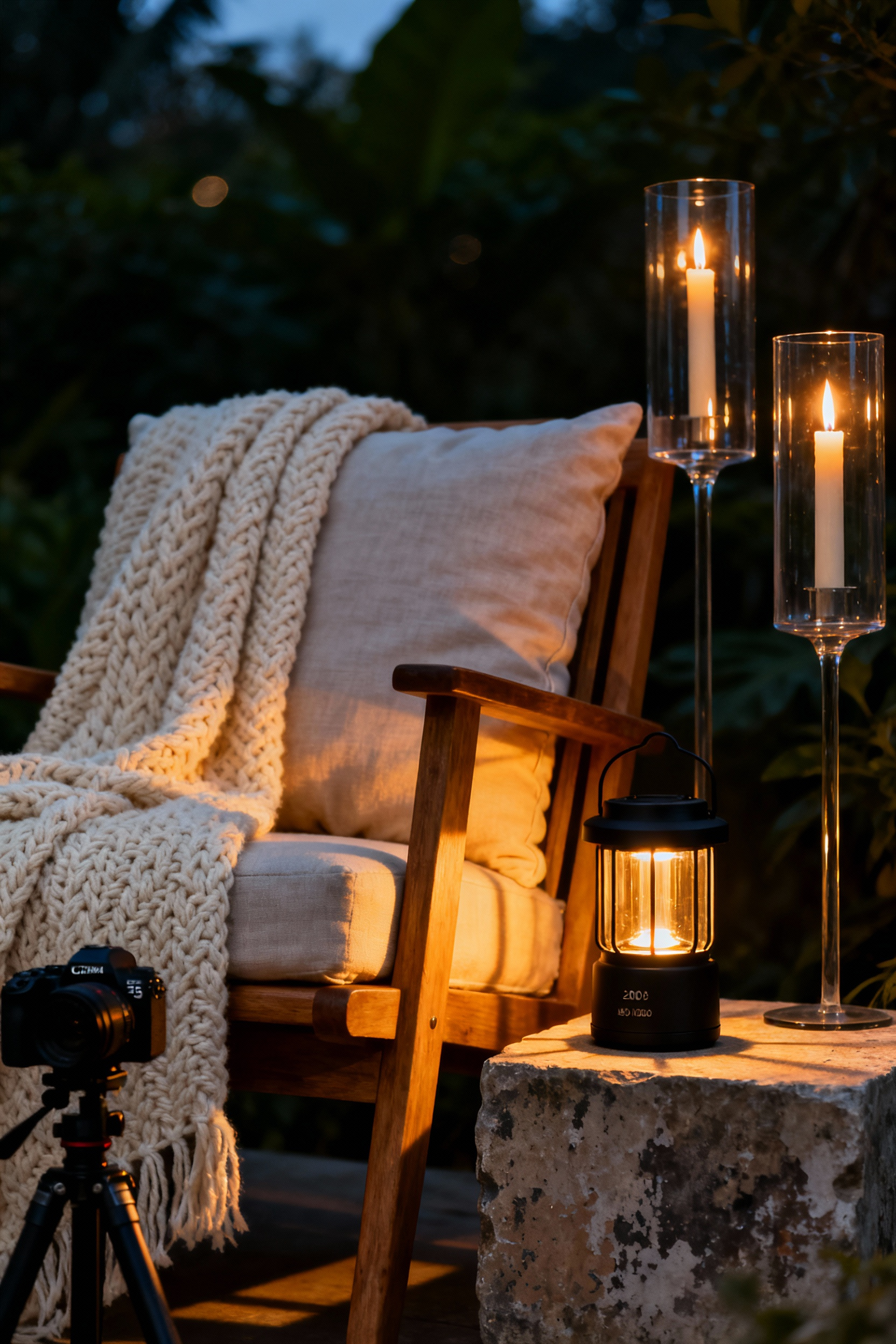 An outdoor patio corner illuminated by soft, warm rechargeable LED lanterns and glass hurricane candle holders, demonstrating flexible portable lighting for intimate evening ambiance and patio design.