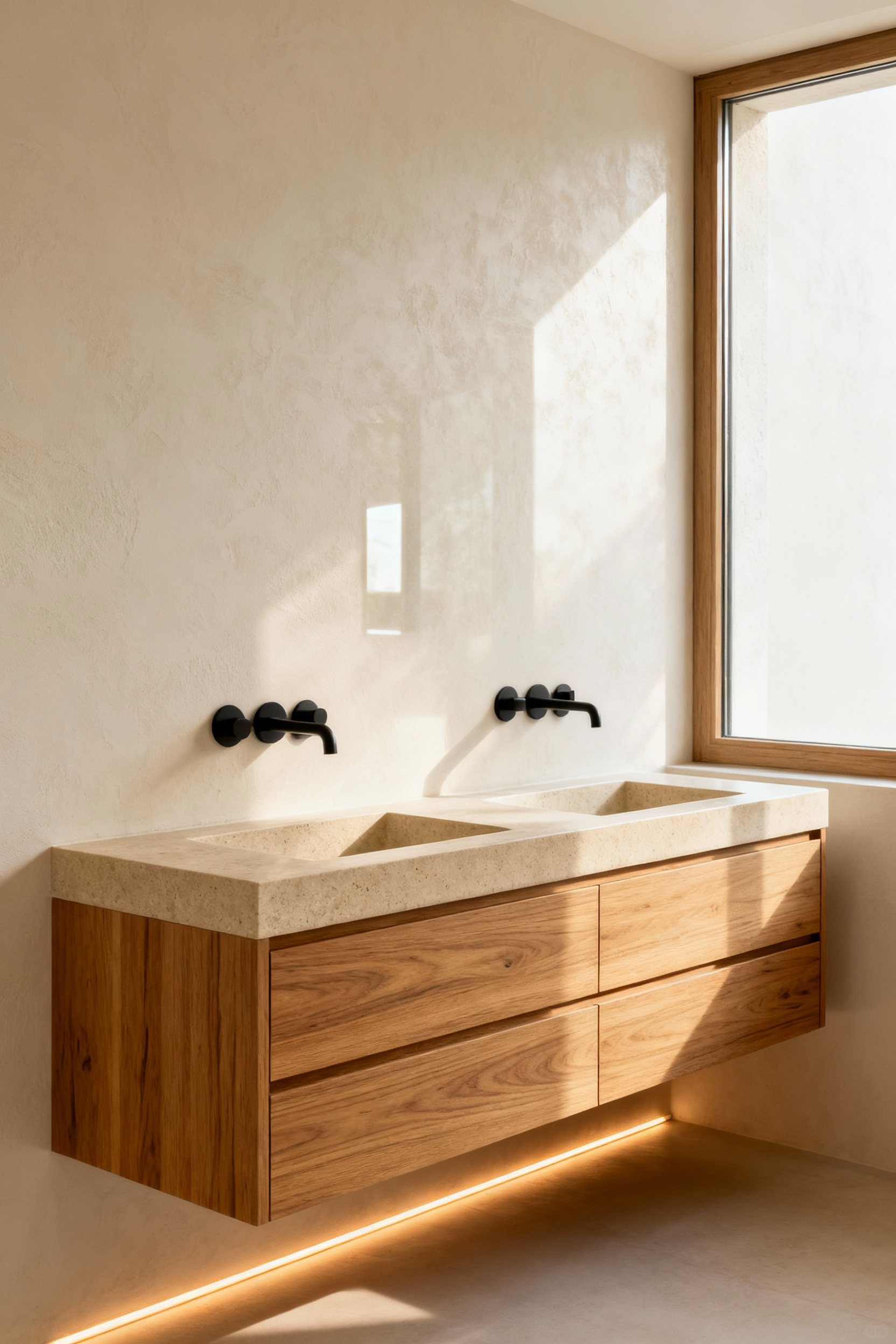 A floating rift-sawn white oak vanity in a warm minimalist bathroom showcasing the tight, linear grain pattern of the wood.