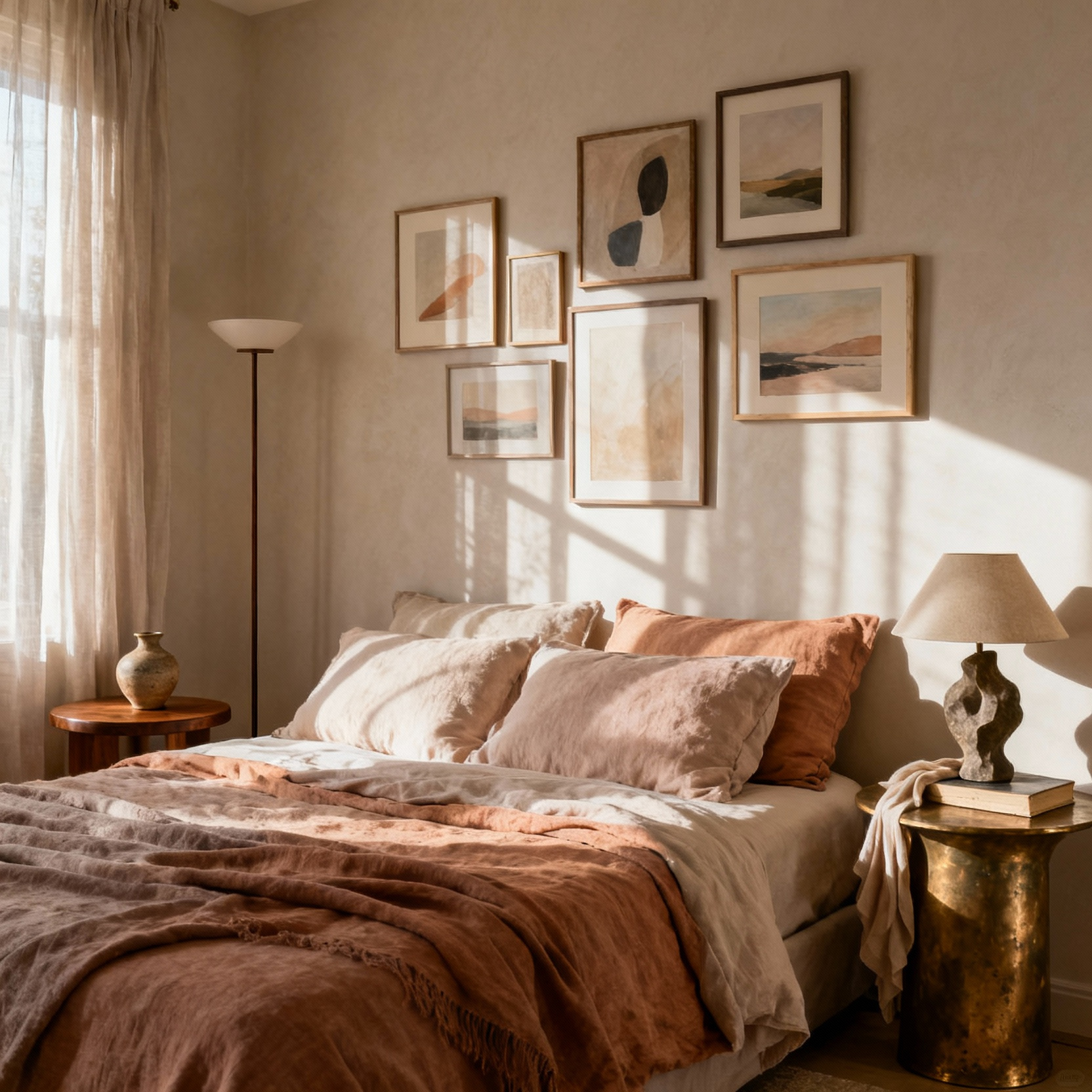 Romantic bedroom showcasing intimate asymmetry with mismatched nightstands, a floor lamp, a sculptural lamp, layered textiles, and an off-center gallery wall.