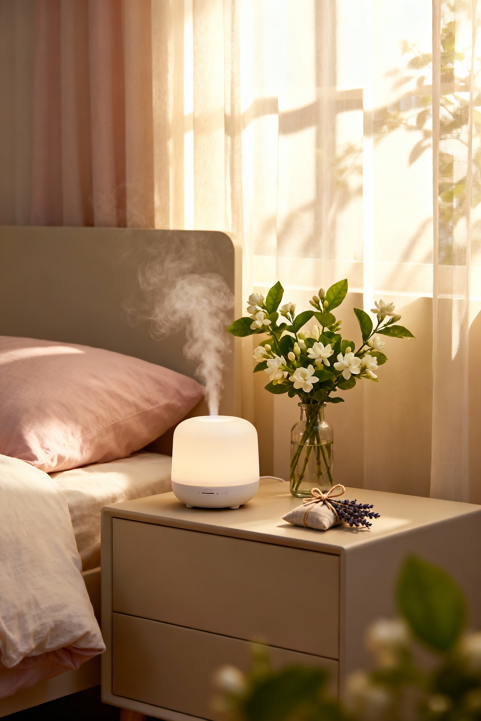Aromatic essences created with natural botanicals in a romantic bedroom with an ultrasonic diffuser, jasmine, and lavender for olfactory serenity.