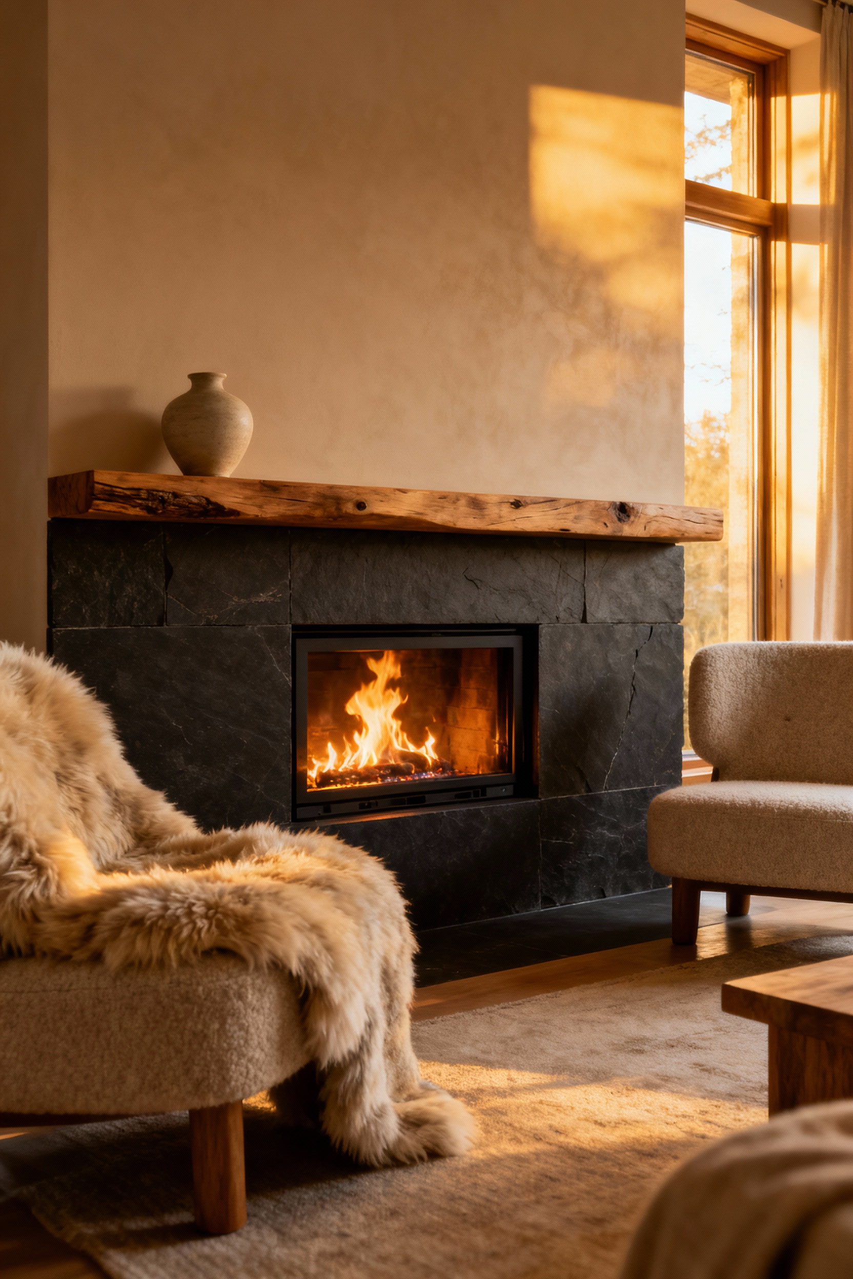 Modern gas fireplace in a romantic bedroom, embedded in a slate wall, flanked by wool armchairs, warm glow, cozy atmosphere, no people