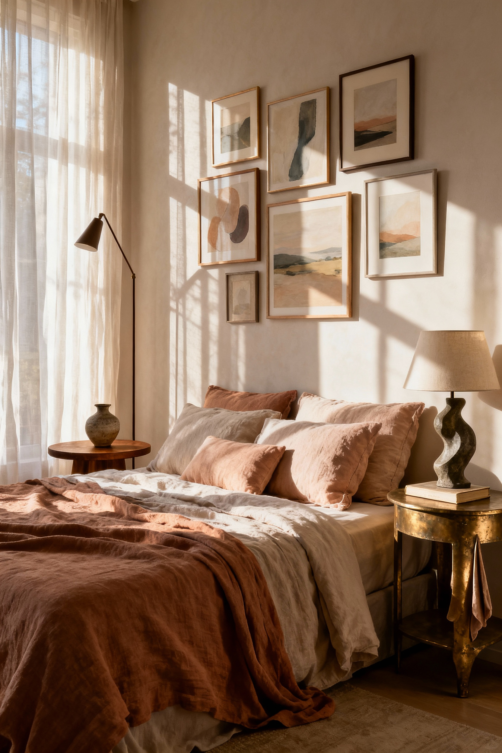 Romantic bedroom showcasing intimate asymmetry with mismatched nightstands, a floor lamp, a sculptural lamp, layered textiles, and an off-center gallery wall.
