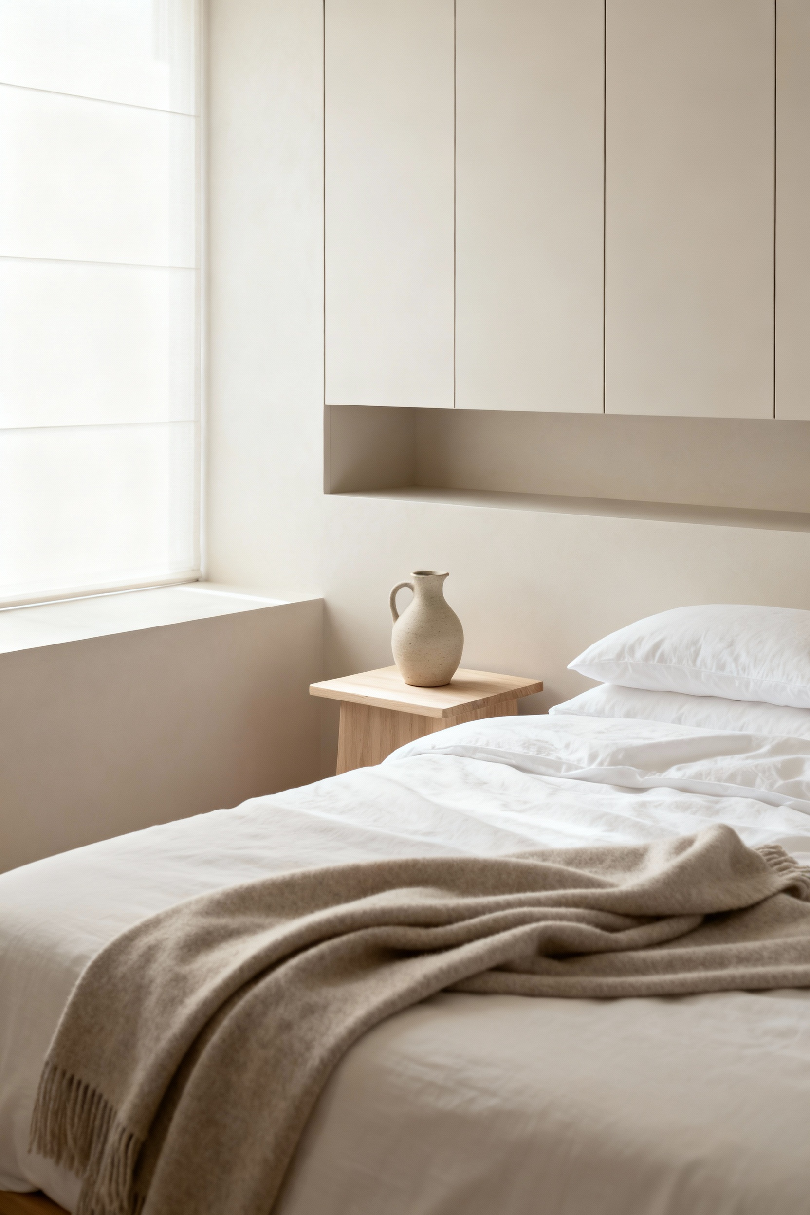 A minimalist and serene romantic bedroom interior with a neatly made bed, a simple nightstand with a ceramic carafe, and integrated wall cabinetry, showcasing mindful decluttering for harmony.