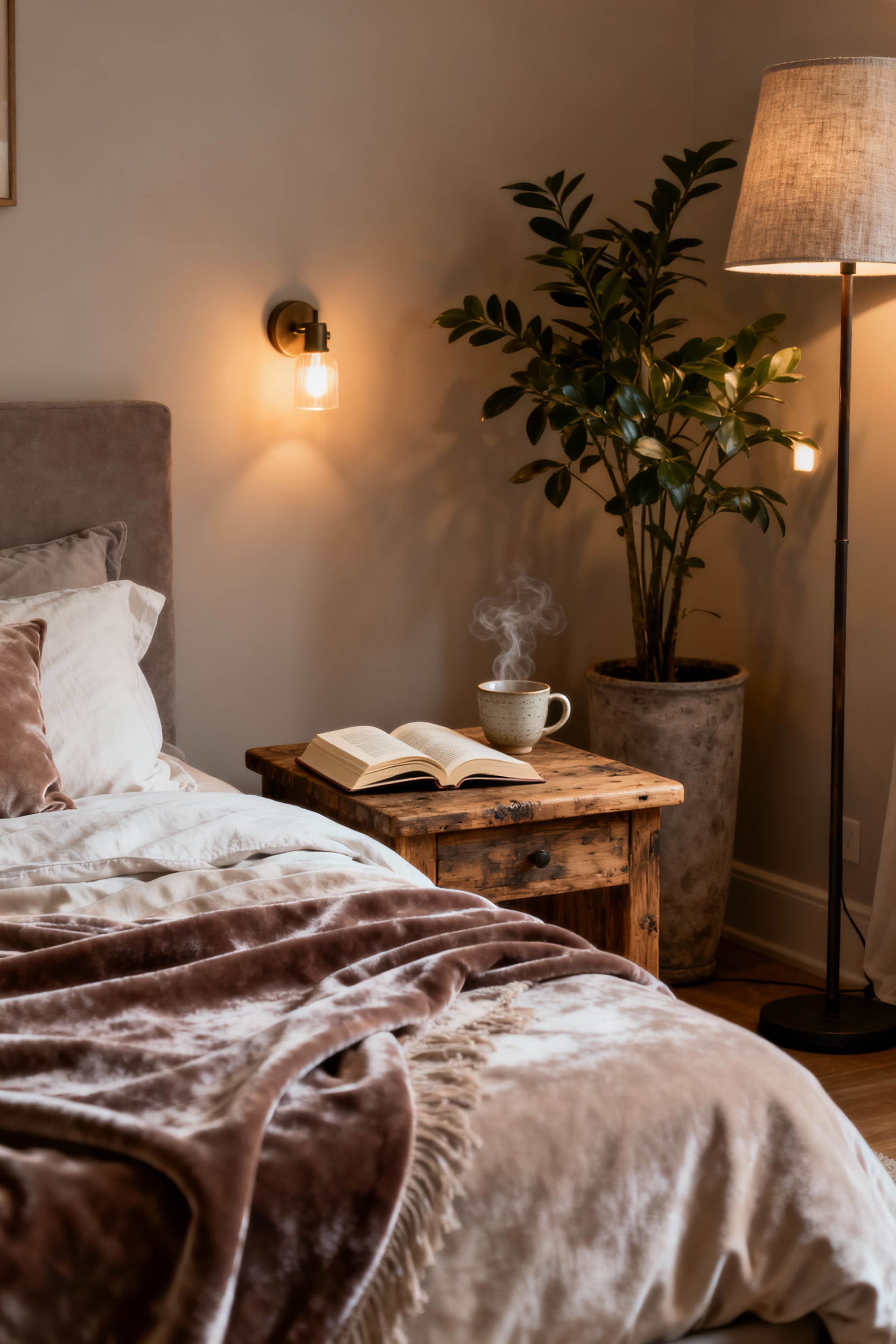 A tranquil, luxury bedroom designed for a digital detox, featuring a soft bed, a bedside table with a book, ambient warm lighting from sconces and lamps, and a large plant, with no visible digital devices.