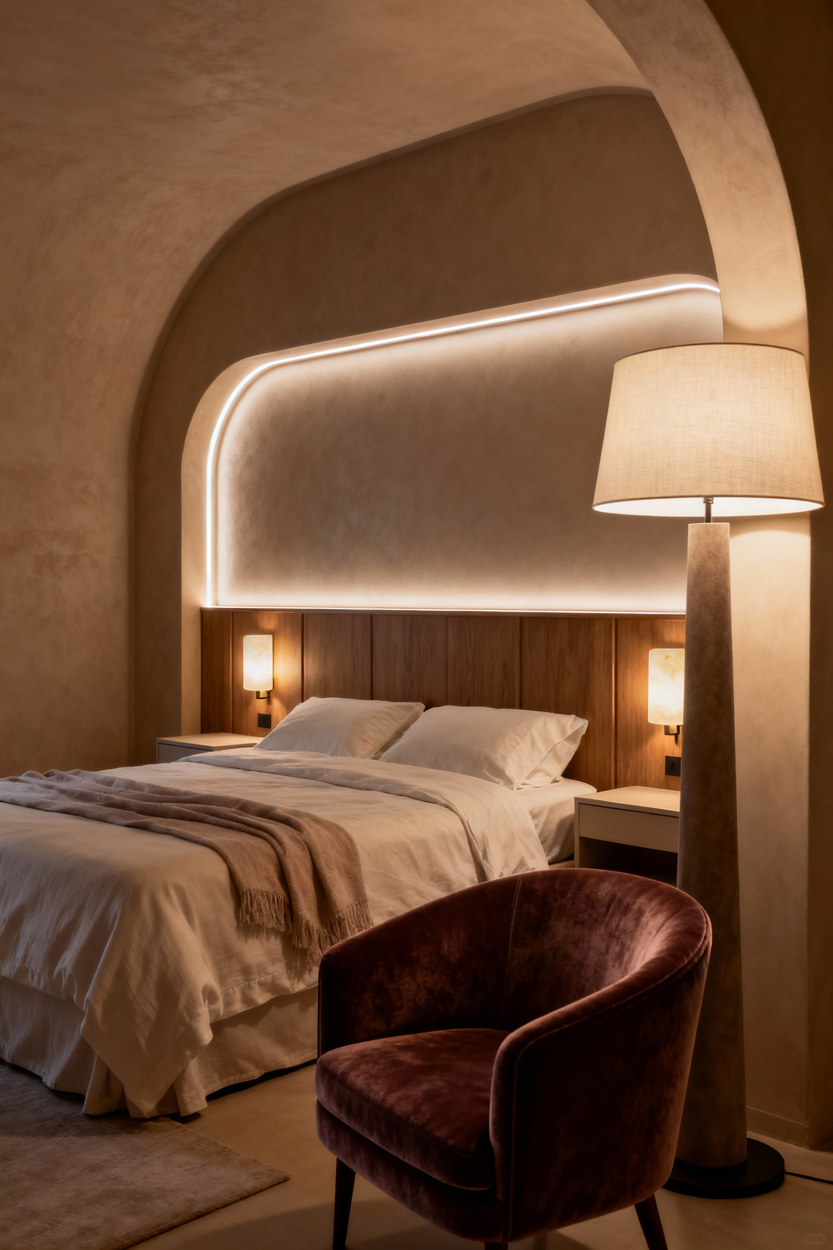 Luxurious romantic bedroom with bespoke ambient lighting, warm LED strips, alabaster wall sconces, and a floor lamp, creating a soft, intimate glow and highlighting natural textures. Cozy bedroom lighting.