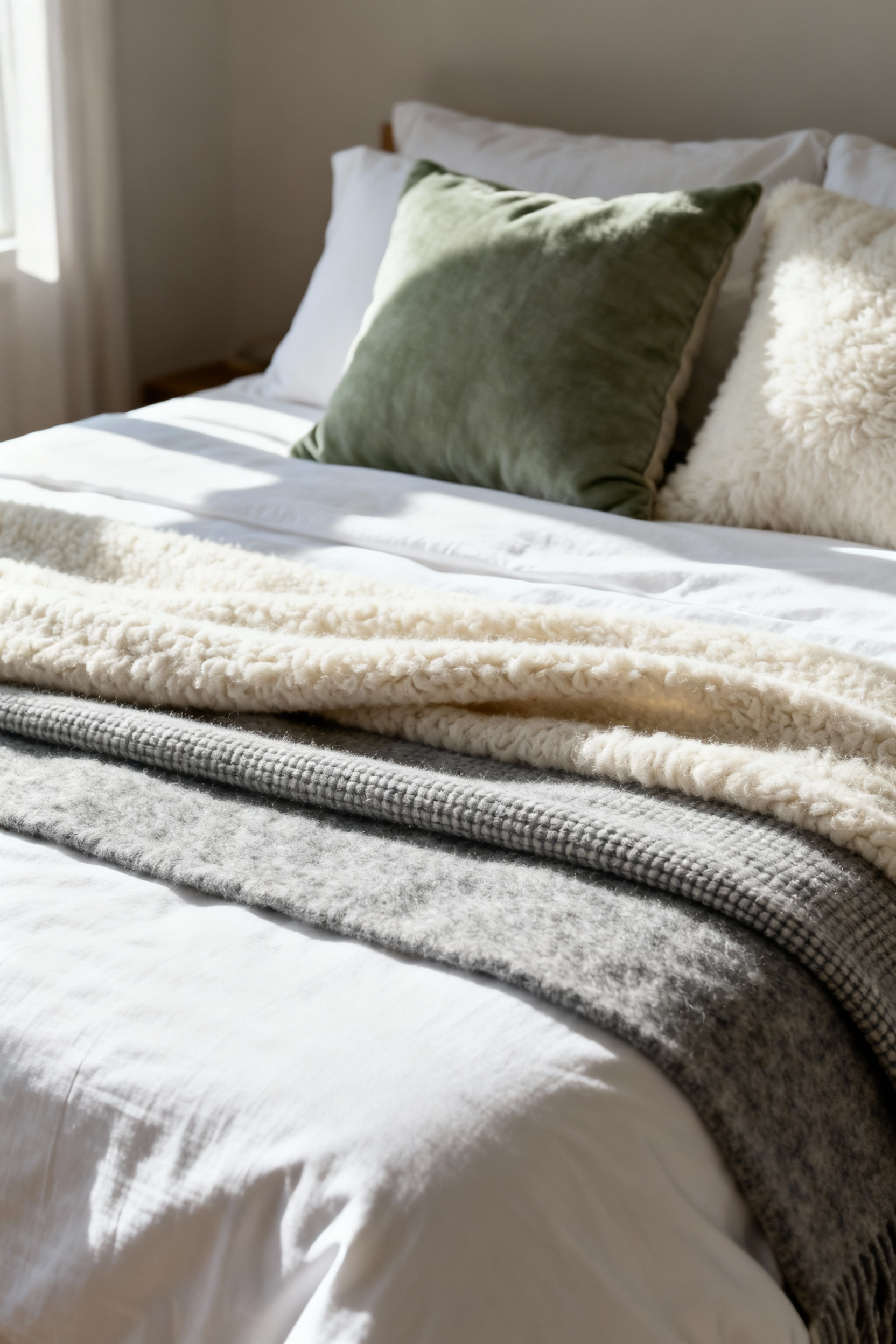 Close-up of a perfectly layered bed featuring luxurious linens like organic cotton sheets, a merino wool blanket, an alpaca throw, and decorative pillows, showcasing rich textures and inviting depth for a romantic bedroom.