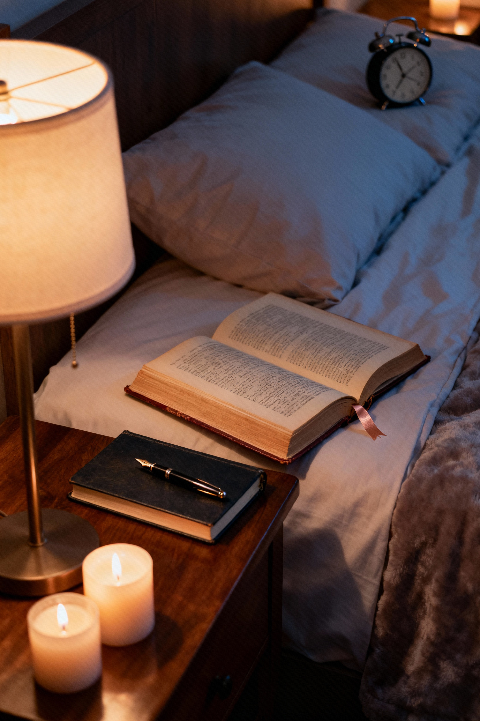 A cozy, soft-lit bedroom with a classic book, journal, and fountain pen on a bedside table, promoting digital disconnect for a romantic nightly ritual.