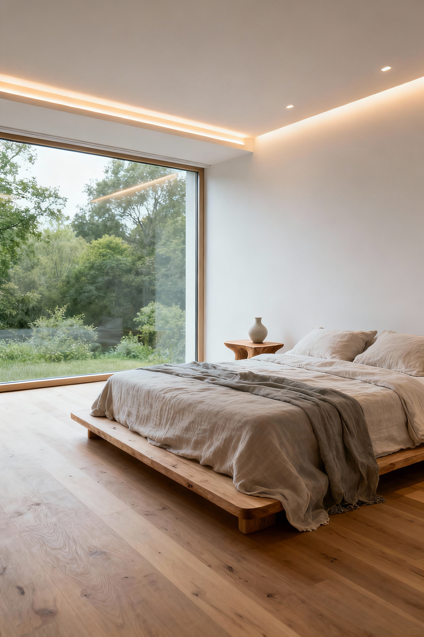 Scandinavian style romantic bedroom designed for contemplation, featuring natural light, minimalist wood, linen textiles, and soft integrated lighting.