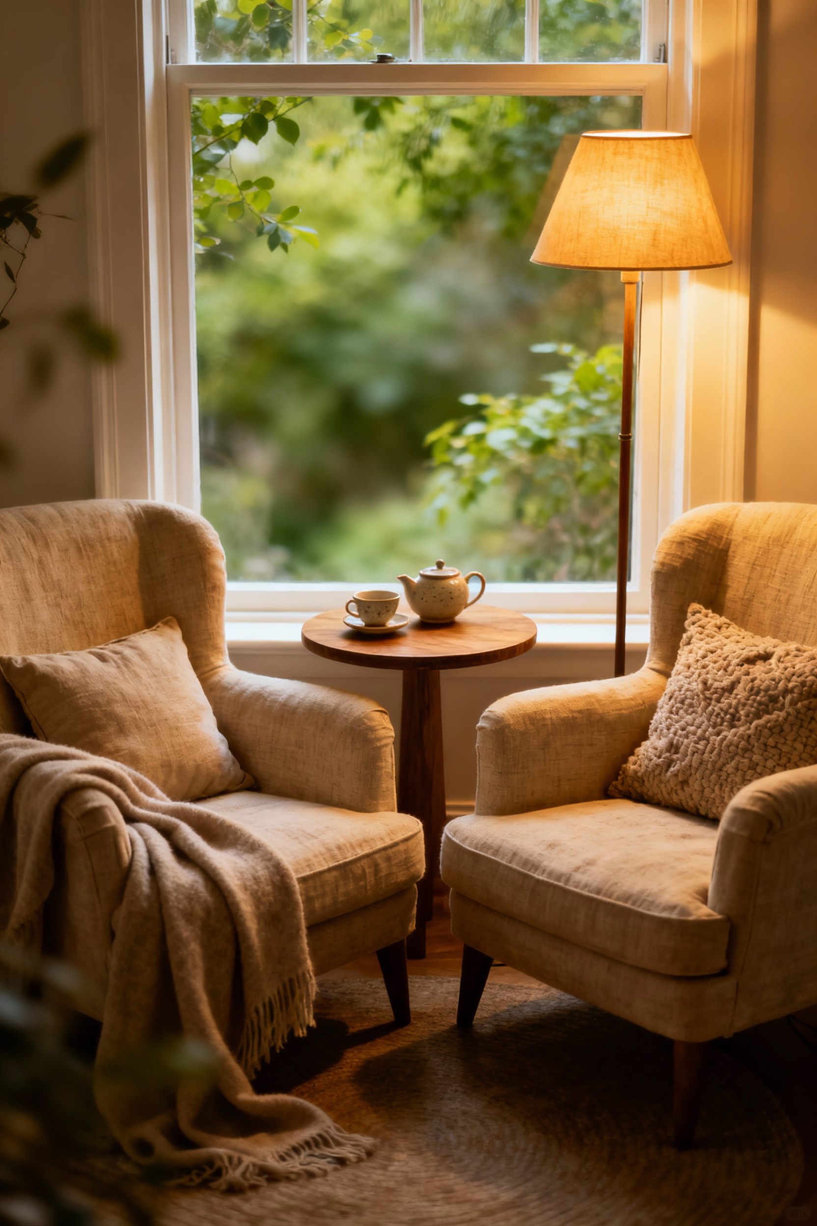 A cozy and intimate romantic bedroom seating nook designed for dialogue, featuring comfortable upholstered chairs, soft lighting, and a small side table in a window alcove.