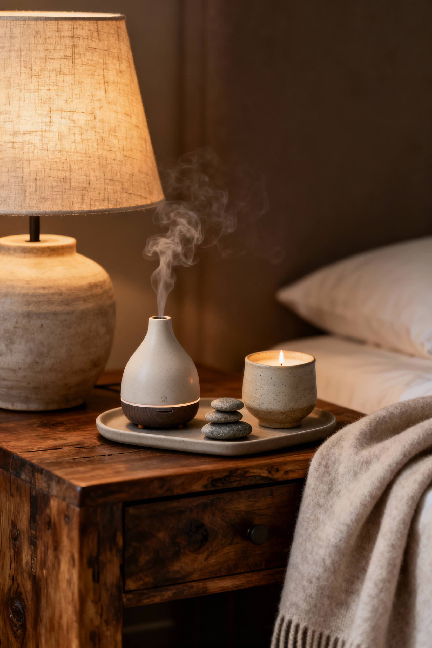 Close-up of a cozy, elegant romantic bedroom apothecary setup on a natural wood bedside table, featuring an artisan ceramic diffuser, a softly lit dimmable lamp with a linen shade, and a folded cashmere throw, enhancing a serene and sensual ambiance. Neutral color palette.