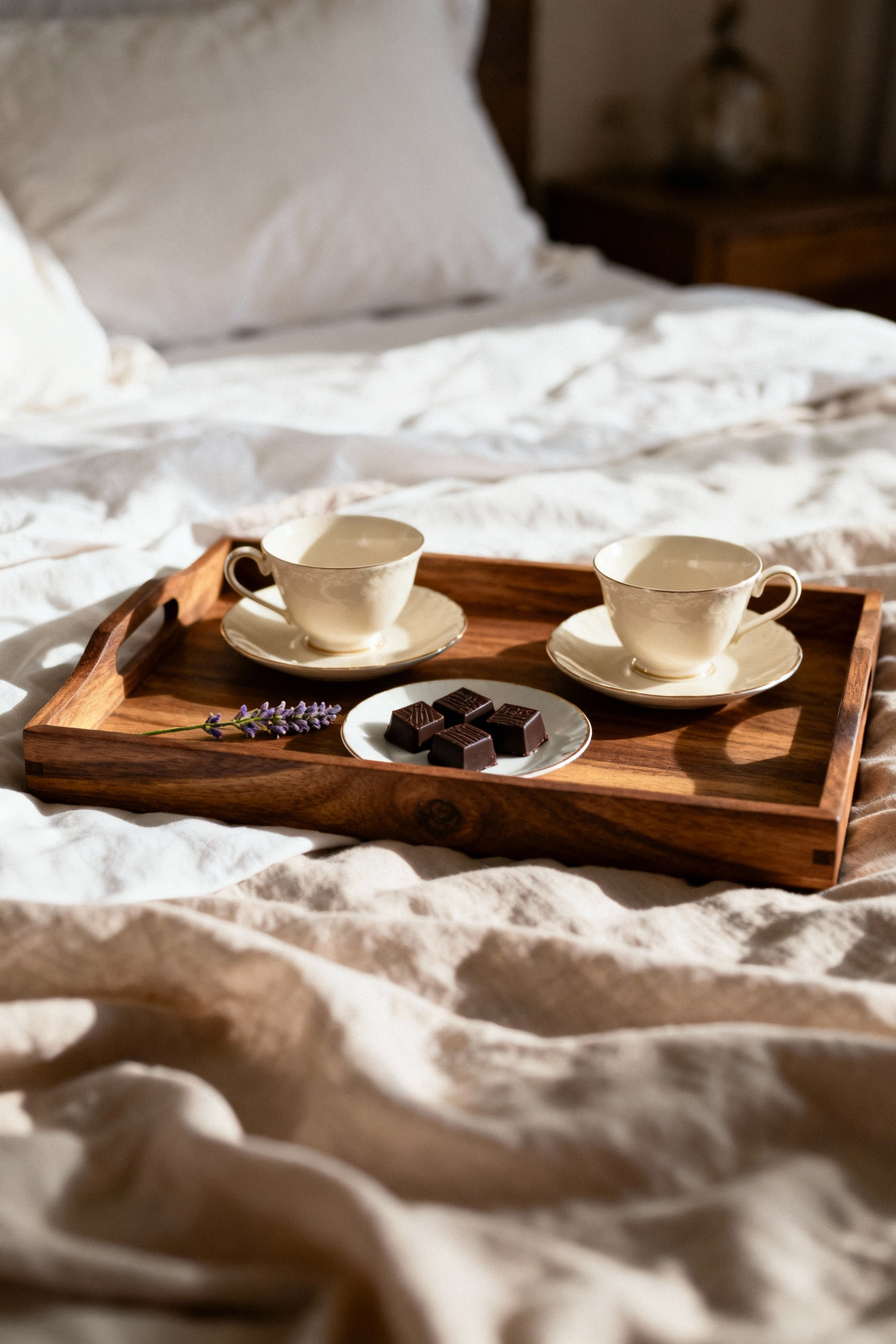 Close-up of a beautifully styled bespoke wooden tray on a bed, holding teacups and chocolates in a romantic bedroom setting, evoking hygge.