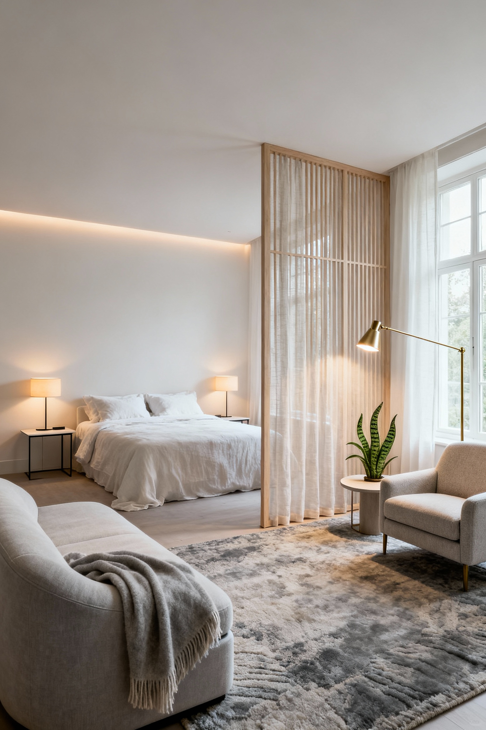 Romantic bedroom interior design showing subtly segregated zones with a king bed, chaise longue, reading nook, upholstered armchair, and sheer linen partition, evoking intimacy and solitude.