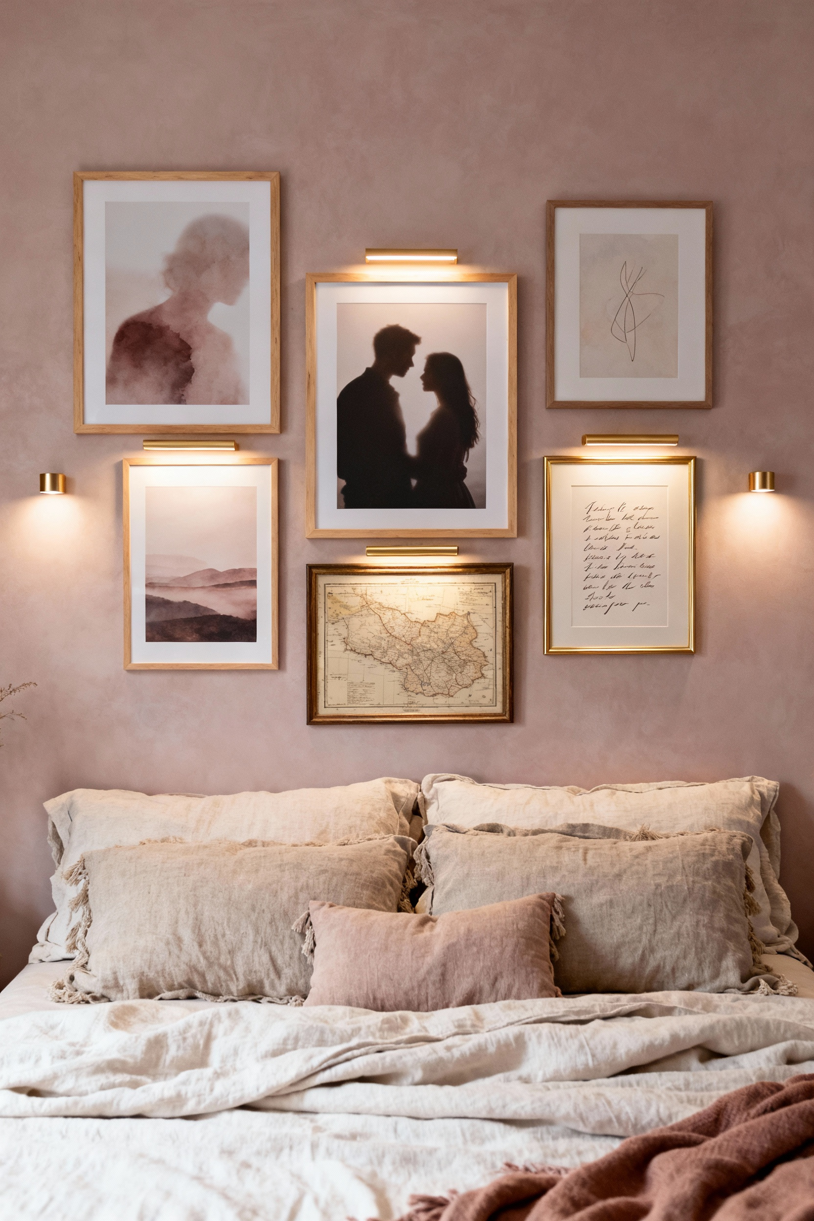 A romantic bedroom with a gallery wall featuring personal artwork, framed photographs, and symbolic prints illuminated by picture lights, creating an intimate and memory-filled atmosphere.